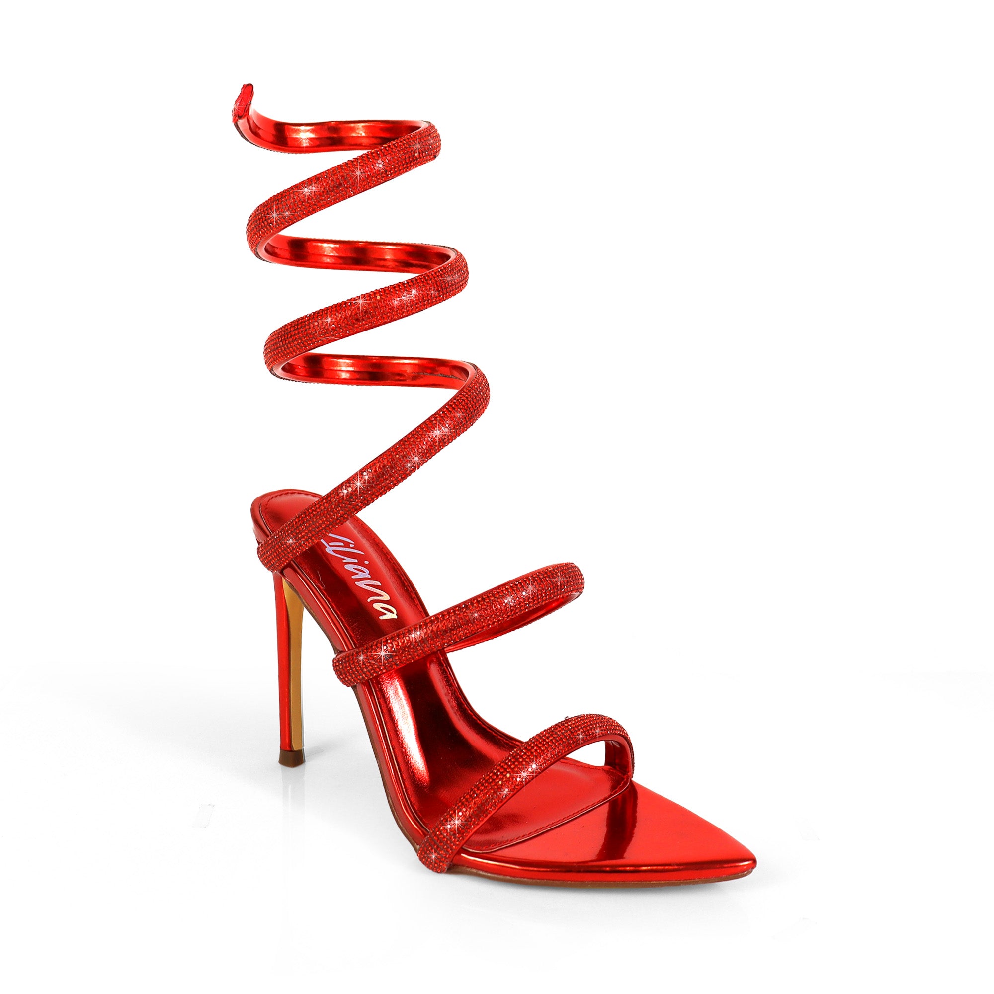 LAURENT-157 POINTED TOE RHINESTONE TUBULAR SPIRAL STRAP W/HEEL RED