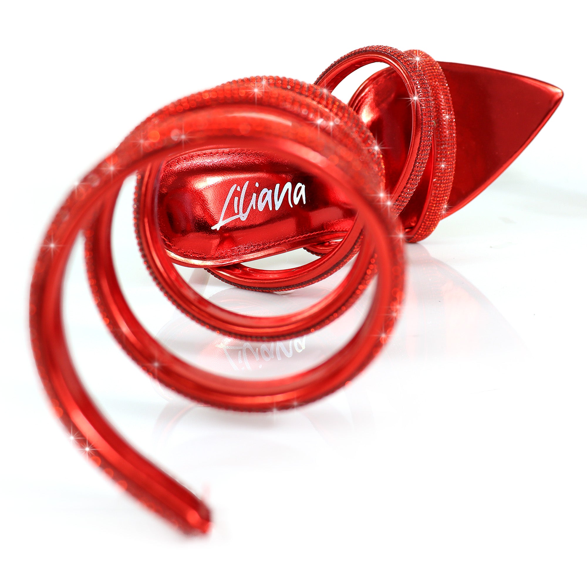 LAURENT-157 POINTED TOE RHINESTONE TUBULAR SPIRAL STRAP W/HEEL RED