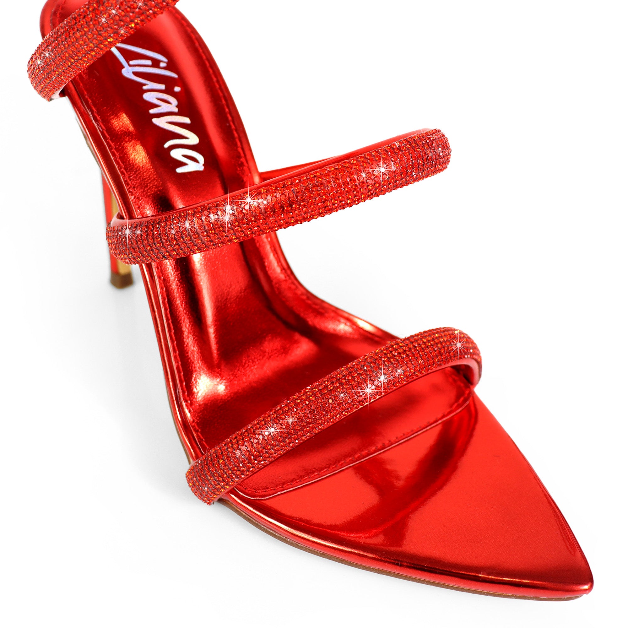 LAURENT-157 POINTED TOE RHINESTONE TUBULAR SPIRAL STRAP W/HEEL RED