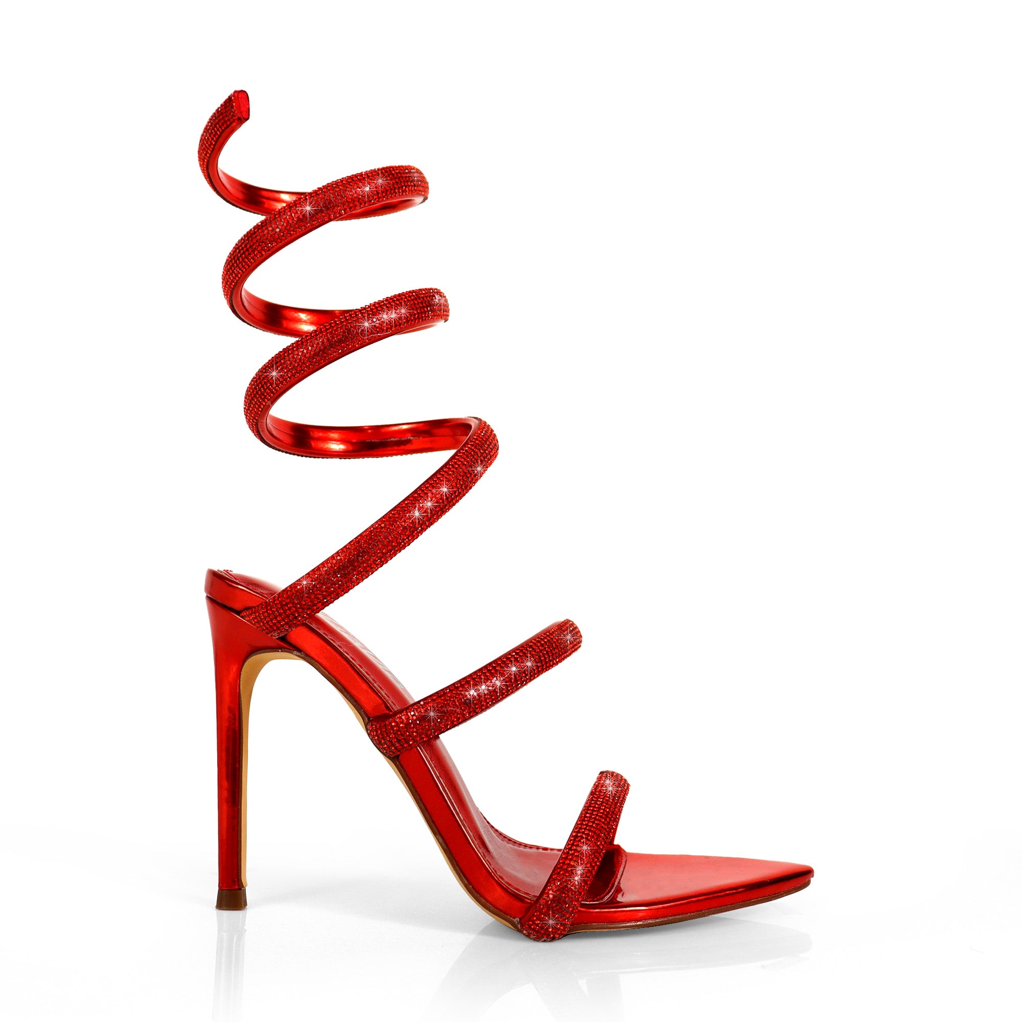 LAURENT-157 POINTED TOE RHINESTONE TUBULAR SPIRAL STRAP W/HEEL RED
