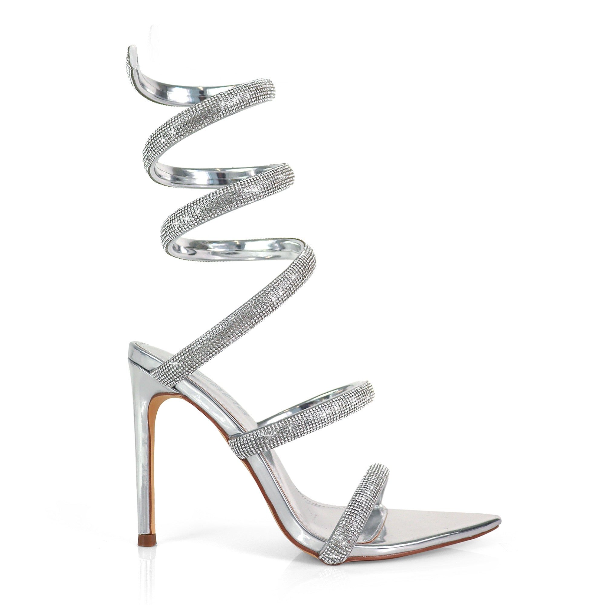 LAURENT-157 POINTED TOE RHINESTONE TUBULAR SPIRAL STRAP W/HEEL SILVER