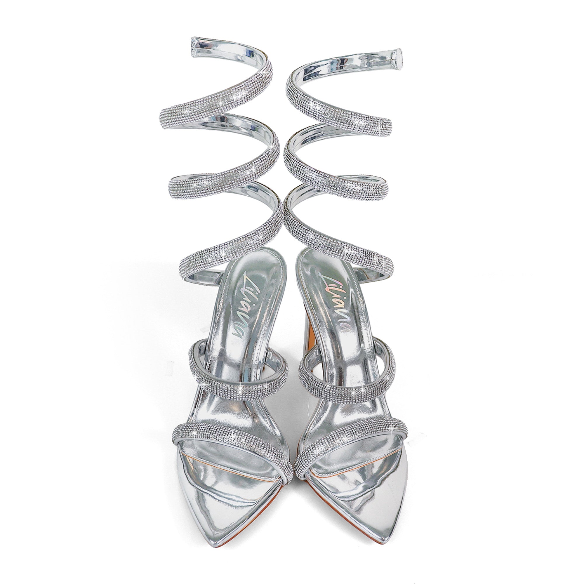 LAURENT-157 POINTED TOE RHINESTONE TUBULAR SPIRAL STRAP W/HEEL SILVER