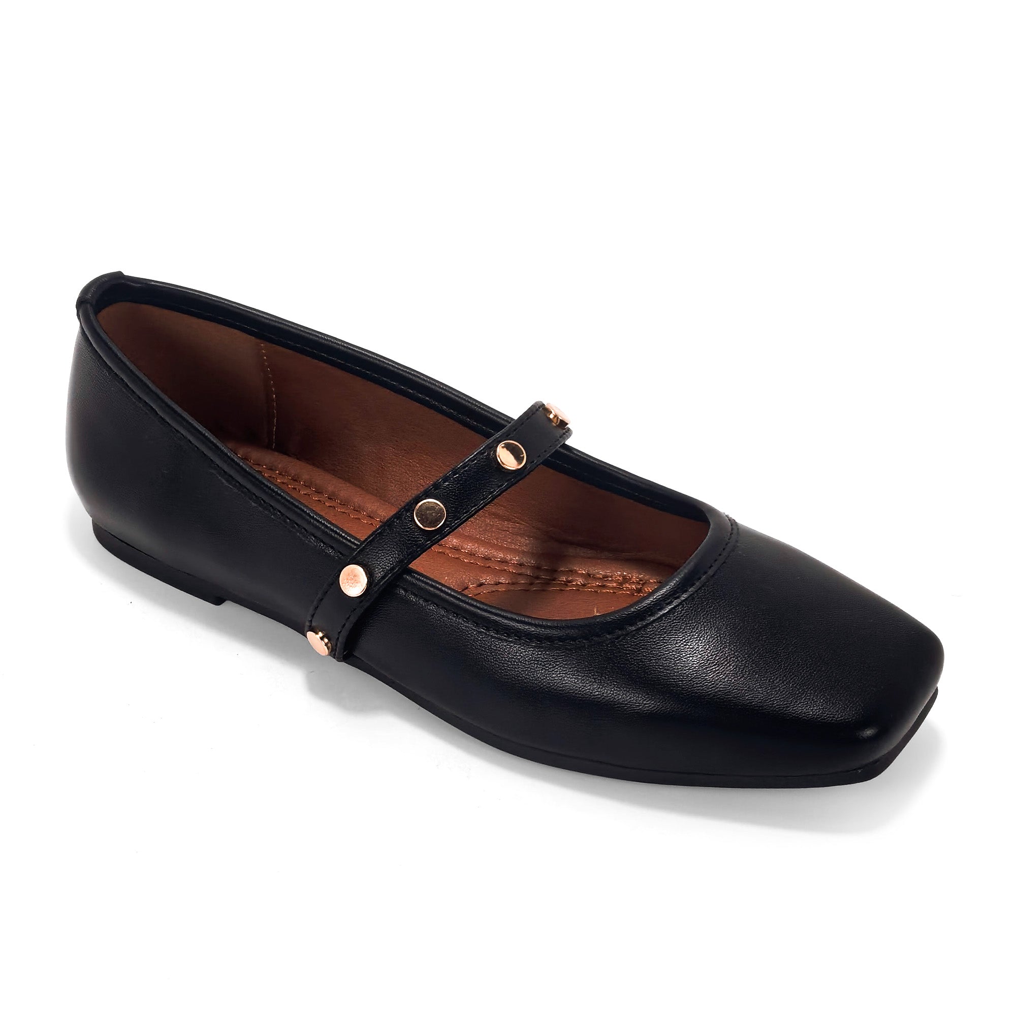 LAVENE-7 SQUARED TOE MARY JEAN FLAT W/ BELT STUD BLACK