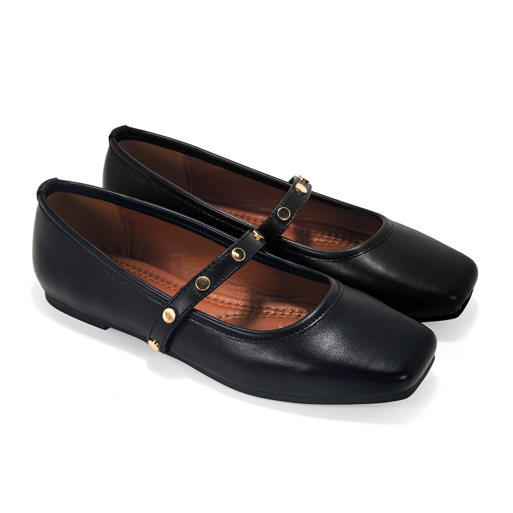 LAVENE-7 SQUARED TOE MARY JEAN FLAT W/ BELT STUD BLACK