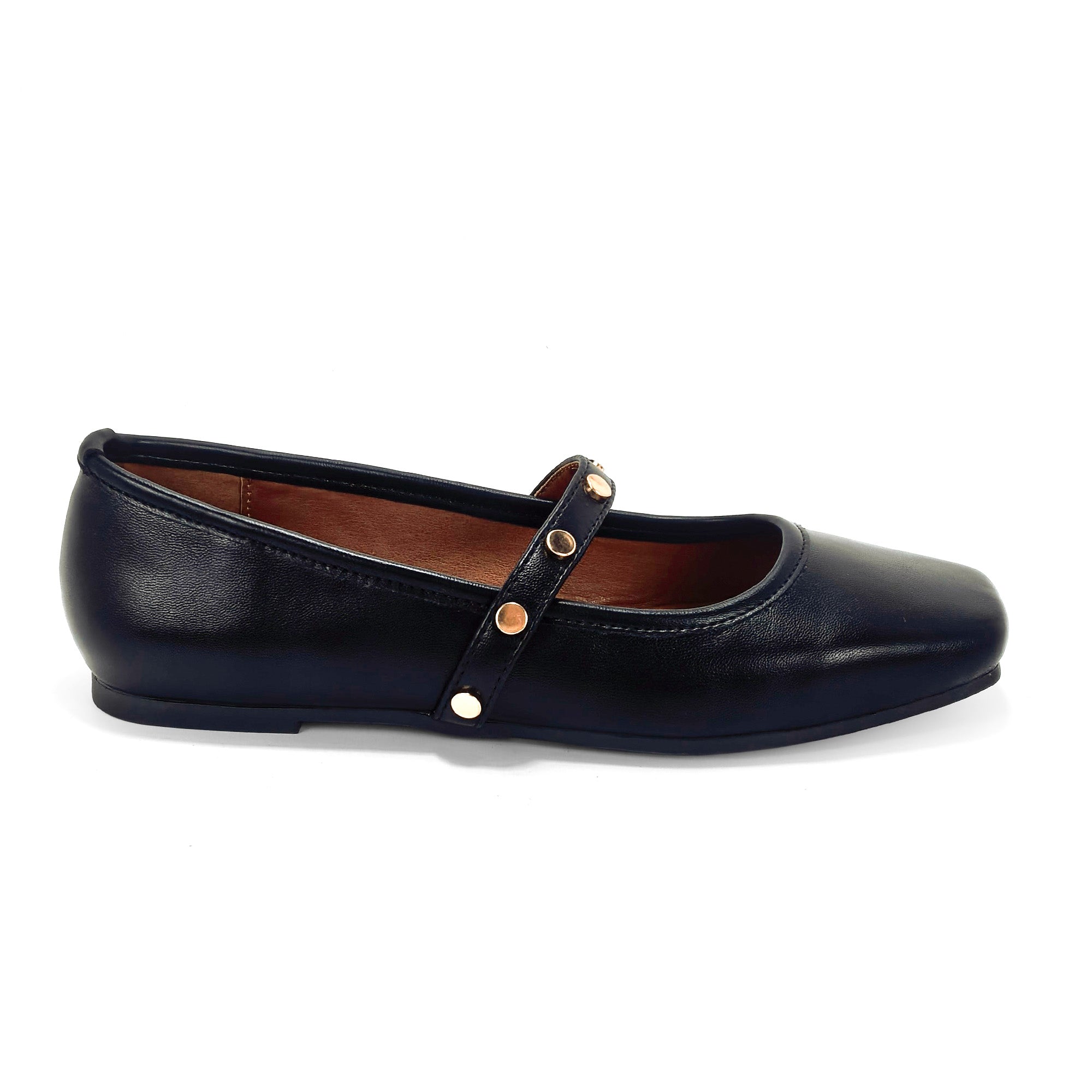 LAVENE-7 SQUARED TOE MARY JEAN FLAT W/ BELT STUD BLACK