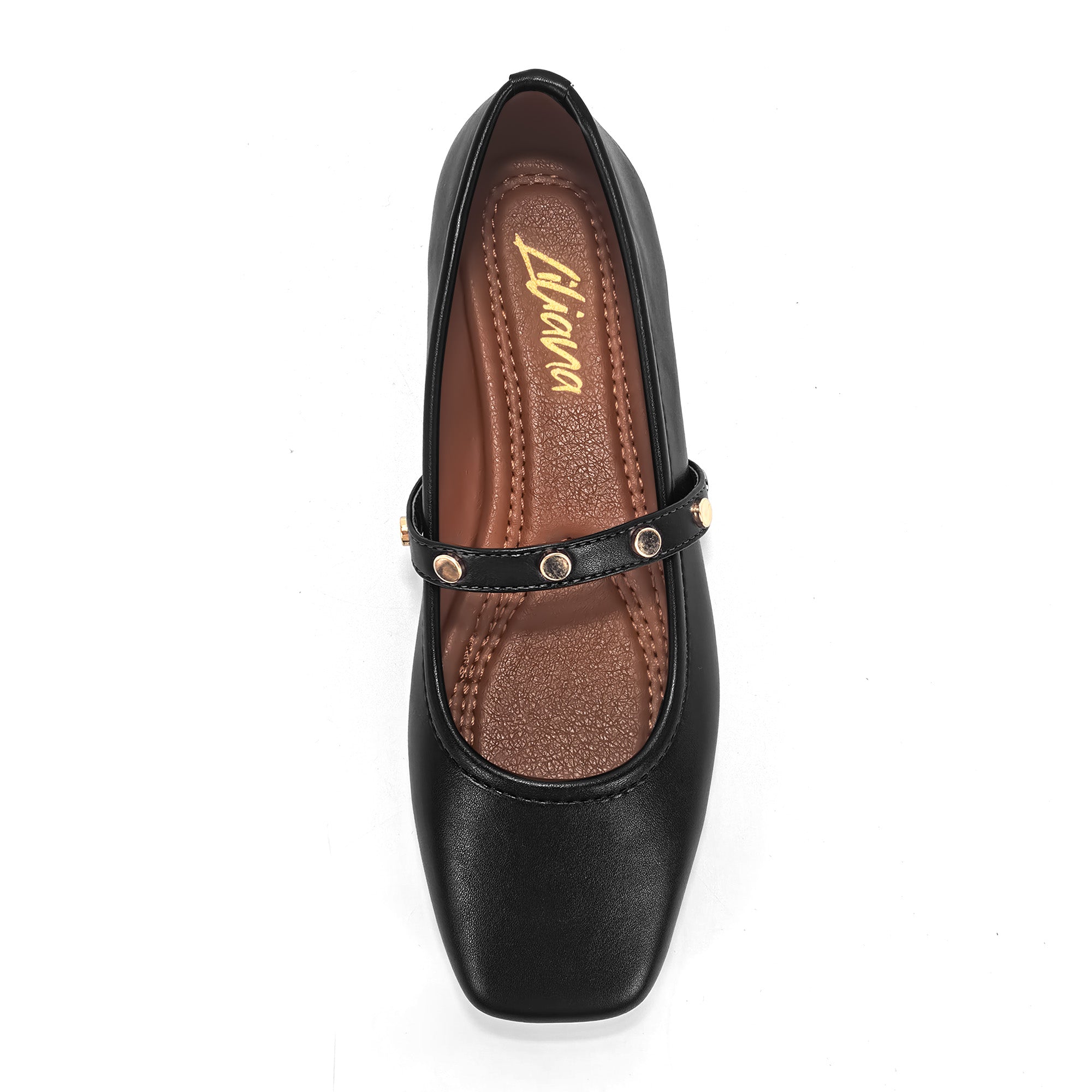 LAVENE-7 SQUARED TOE MARY JEAN FLAT W/ BELT STUD BLACK