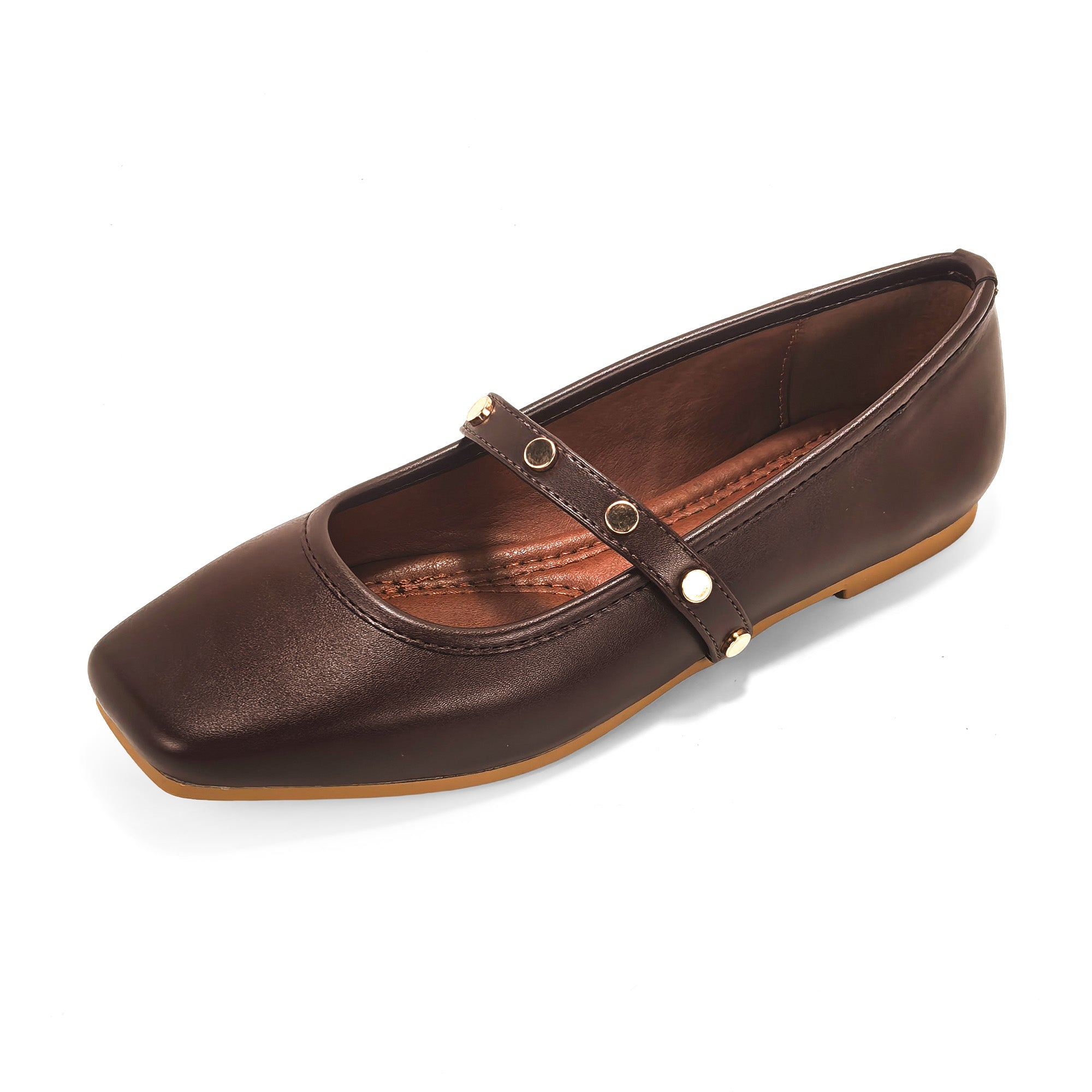 LAVENE-7 SQUARED TOE MARY JEAN FLAT W/ BELT STUD BROWN