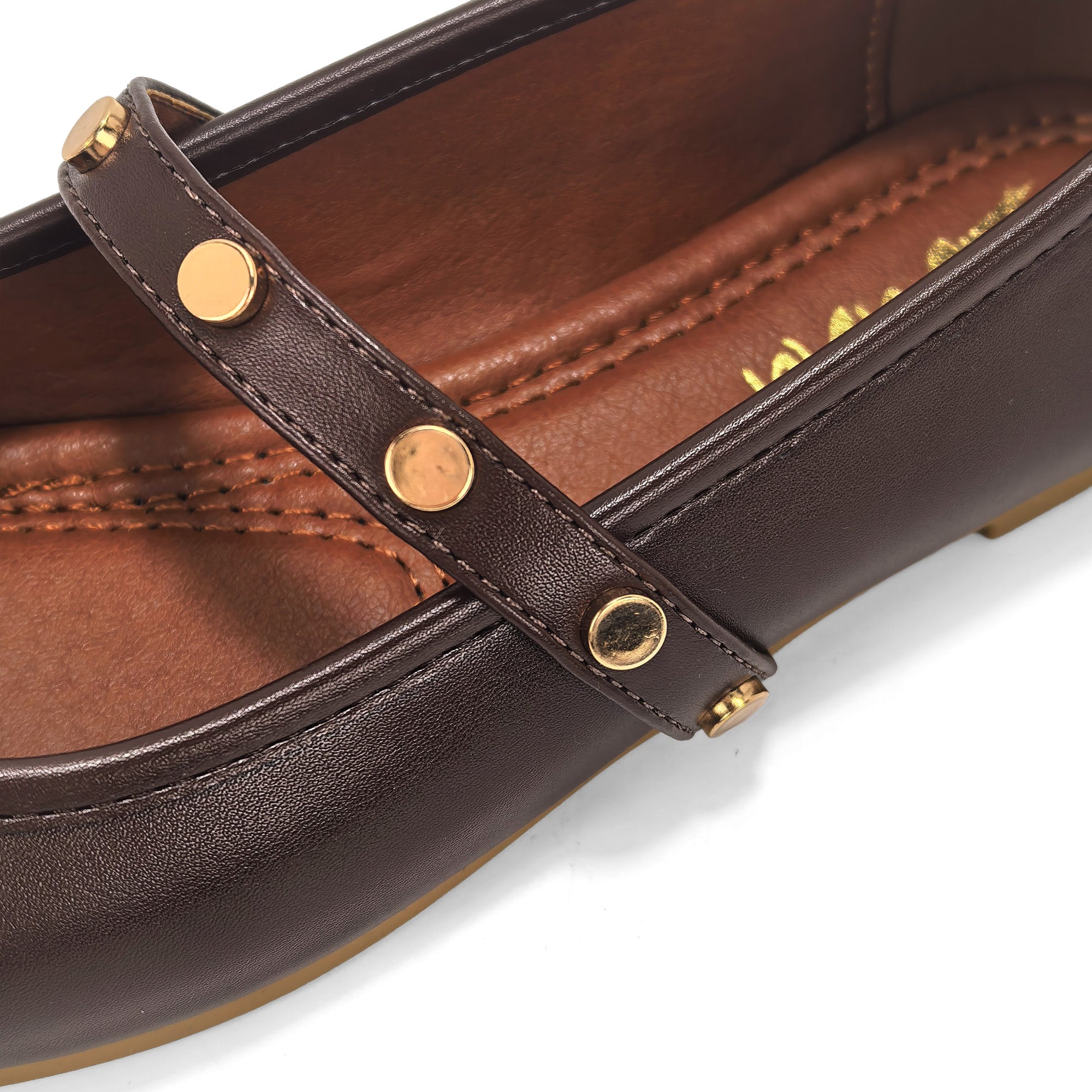 LAVENE-7 SQUARED TOE MARY JEAN FLAT W/ BELT STUD BROWN