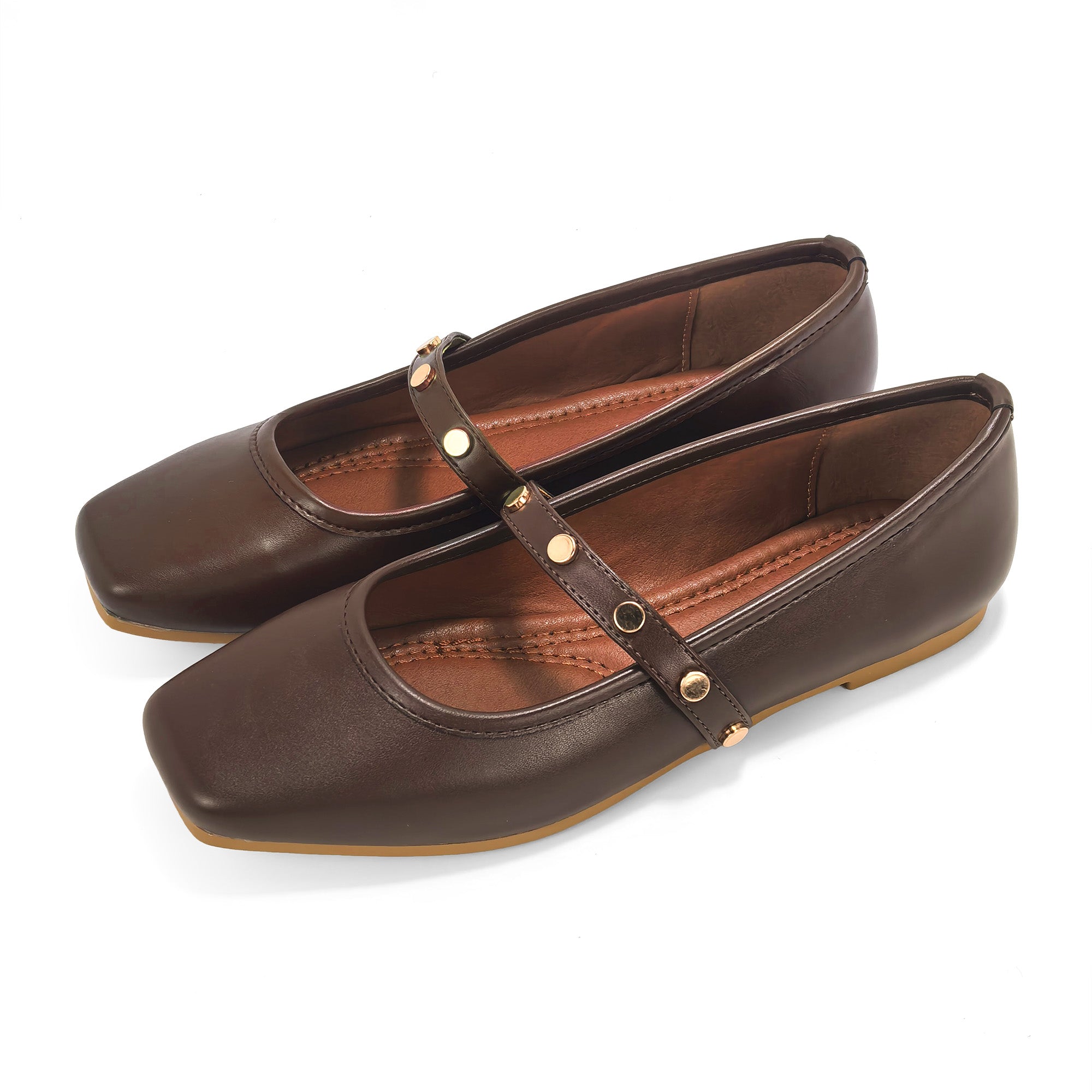 LAVENE-7 SQUARED TOE MARY JEAN FLAT W/ BELT STUD BROWN