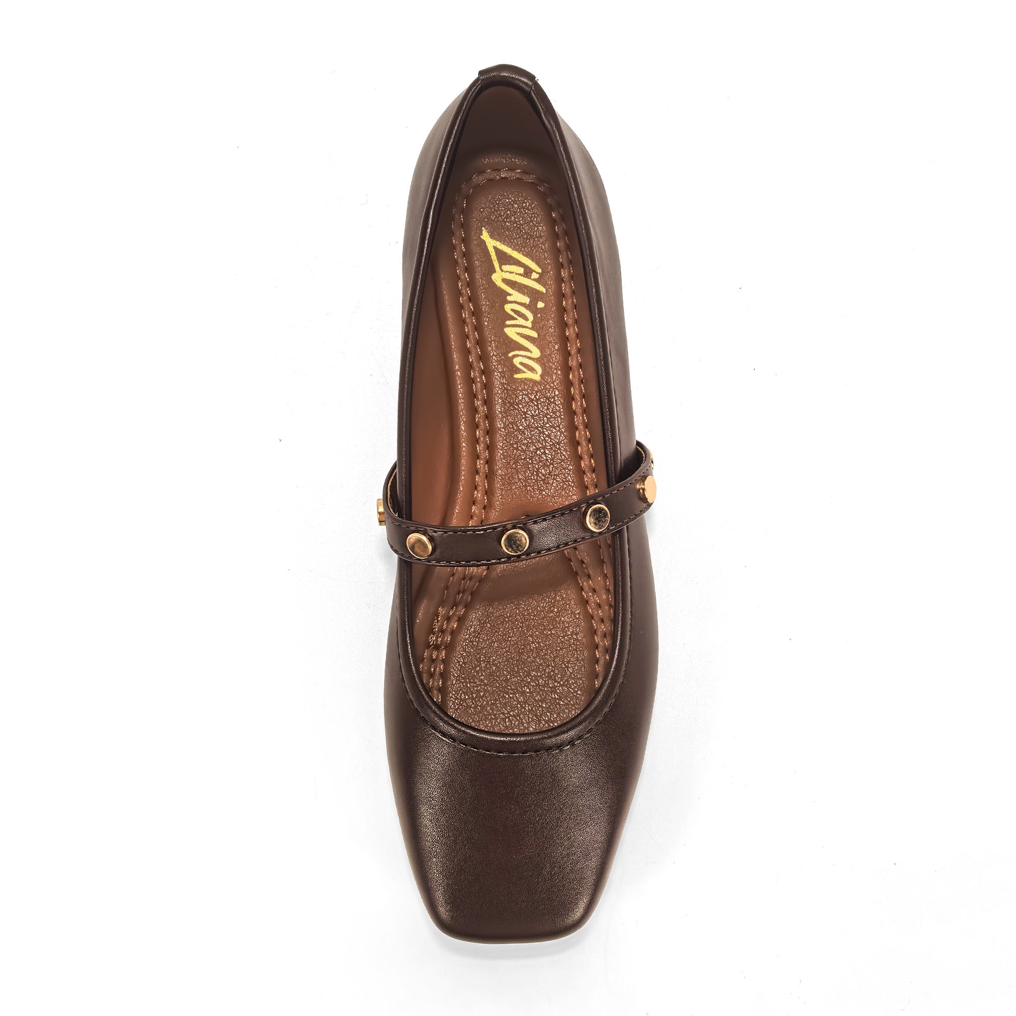 LAVENE-7 SQUARED TOE MARY JEAN FLAT W/ BELT STUD BROWN
