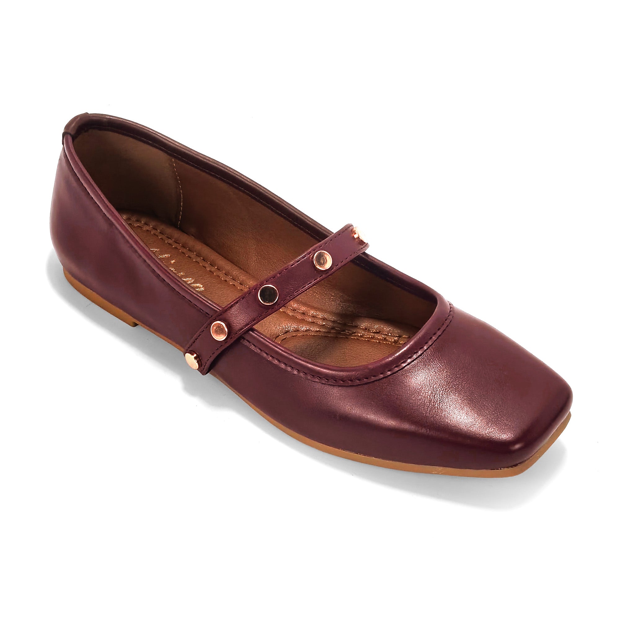 LAVENE-7 SQUARED TOE MARY JEAN FLAT W/ BELT STUD WINE