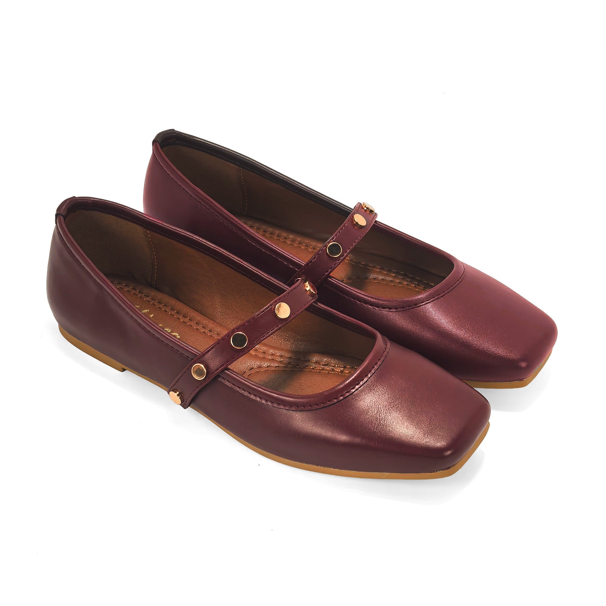 LAVENE-7 SQUARED TOE MARY JEAN FLAT W/ BELT STUD WINE
