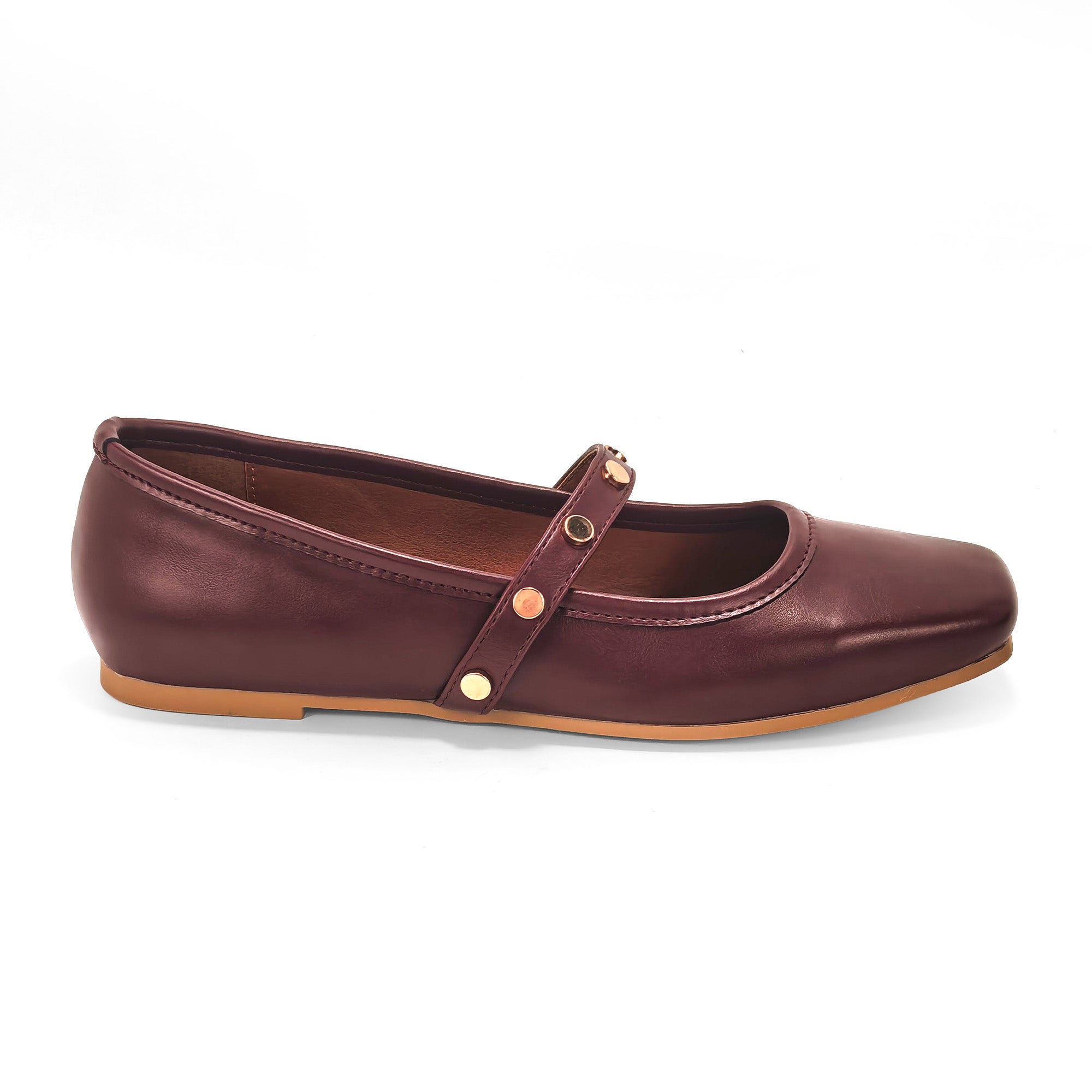 LAVENE-7 SQUARED TOE MARY JEAN FLAT W/ BELT STUD WINE