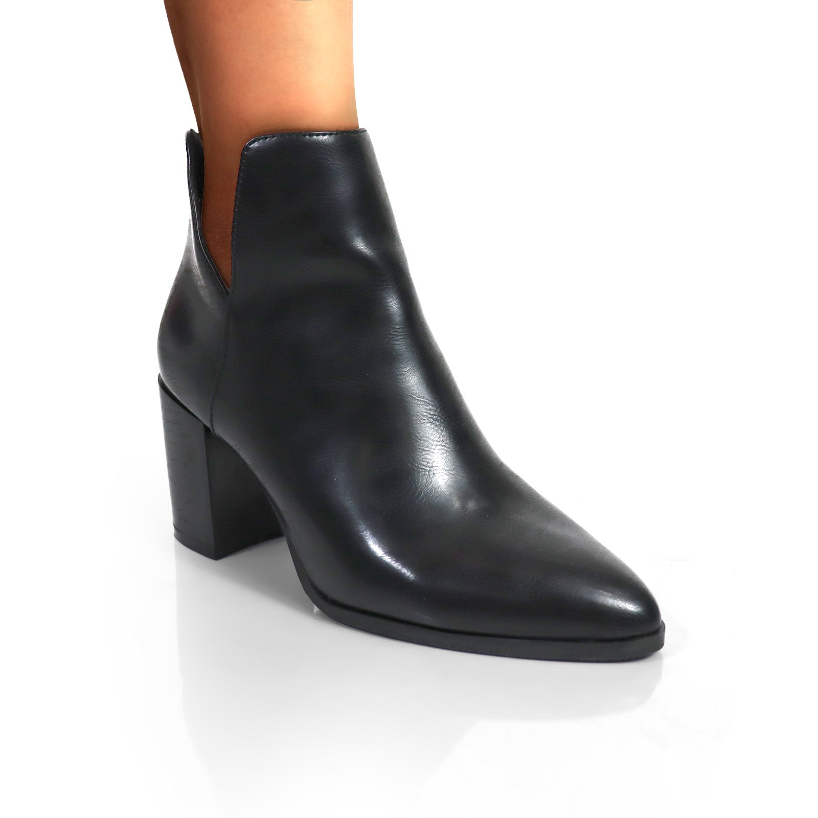 LAWSON-2 ALMOND TOE V SHAPED ANKLE BOOT W/ STACKED HEEL BLACK