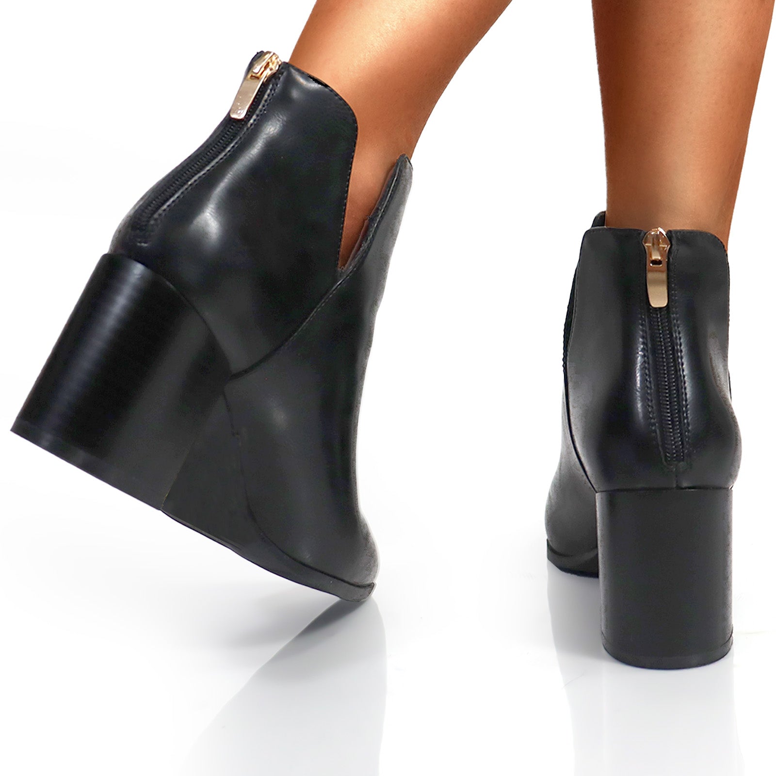 LAWSON-2 ALMOND TOE V SHAPED ANKLE BOOT W/ STACKED HEEL BLACK