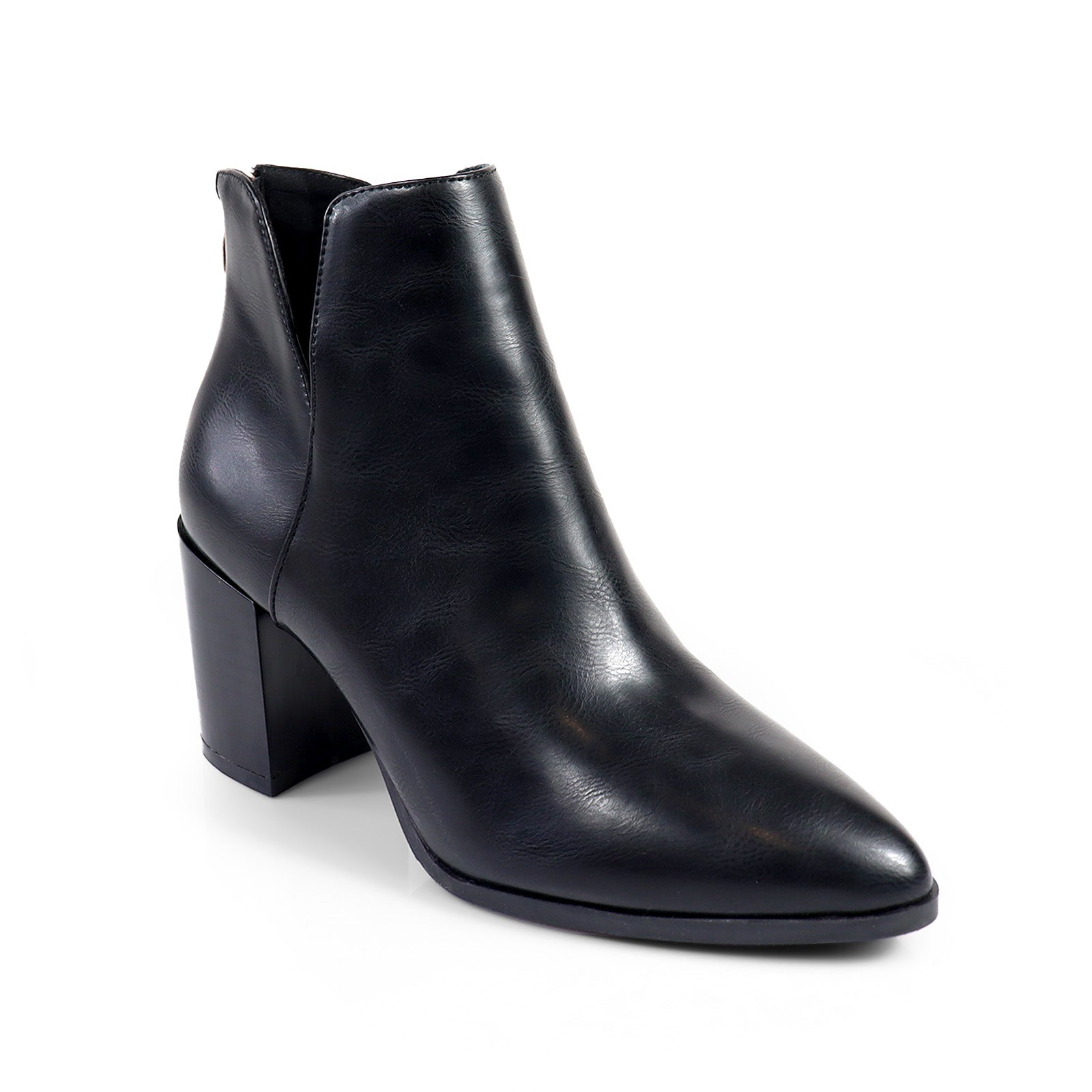 LAWSON-2 ALMOND TOE V SHAPED ANKLE BOOT W/ STACKED HEEL BLACK