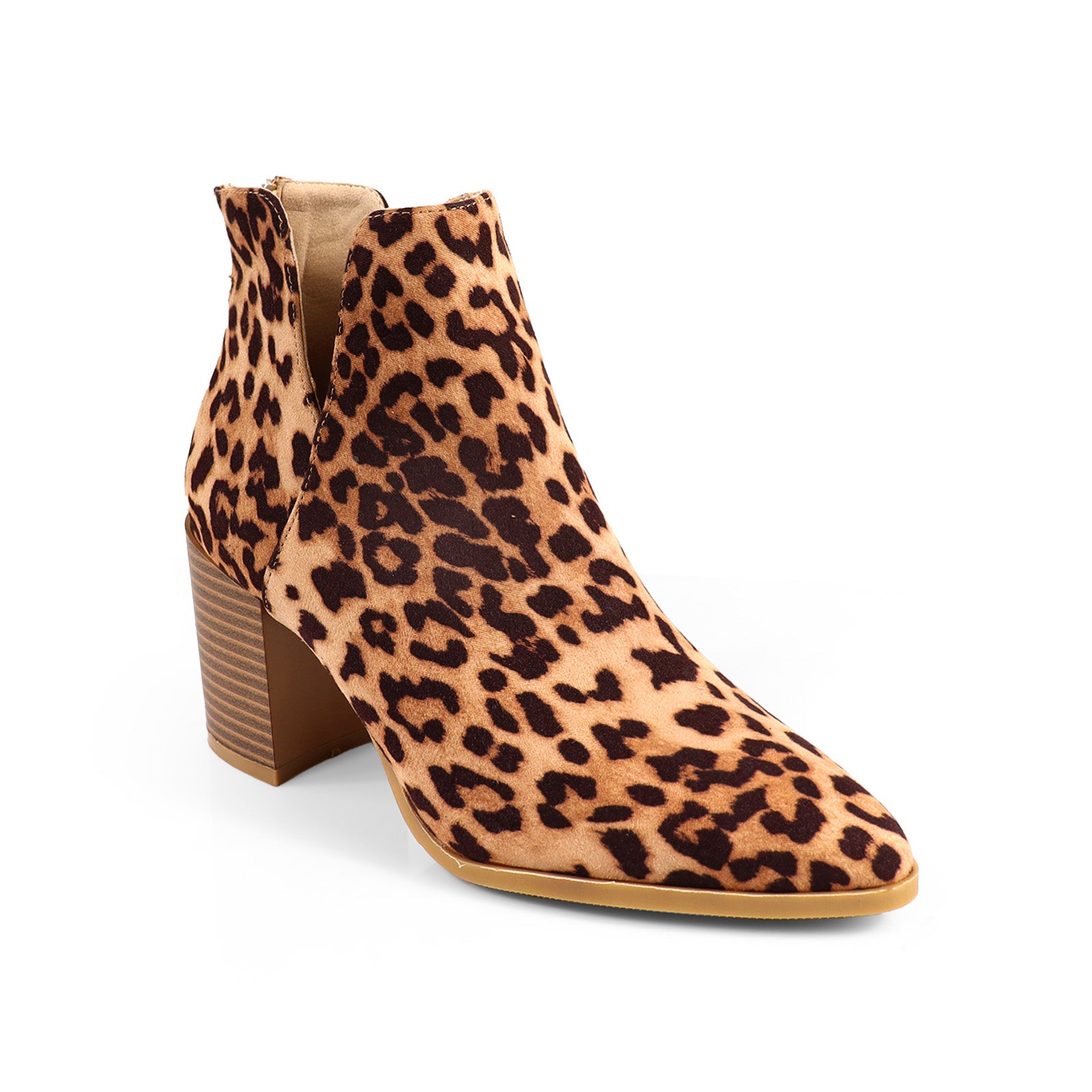 LAWSON-2 ALMOND TOE V SHAPED ANKLE BOOT W/ STACKED HEEL LEOPARD