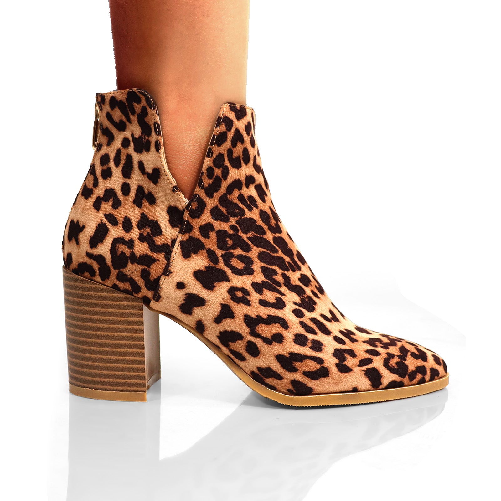 LAWSON-2 ALMOND TOE V SHAPED ANKLE BOOT W/ STACKED HEEL LEOPARD