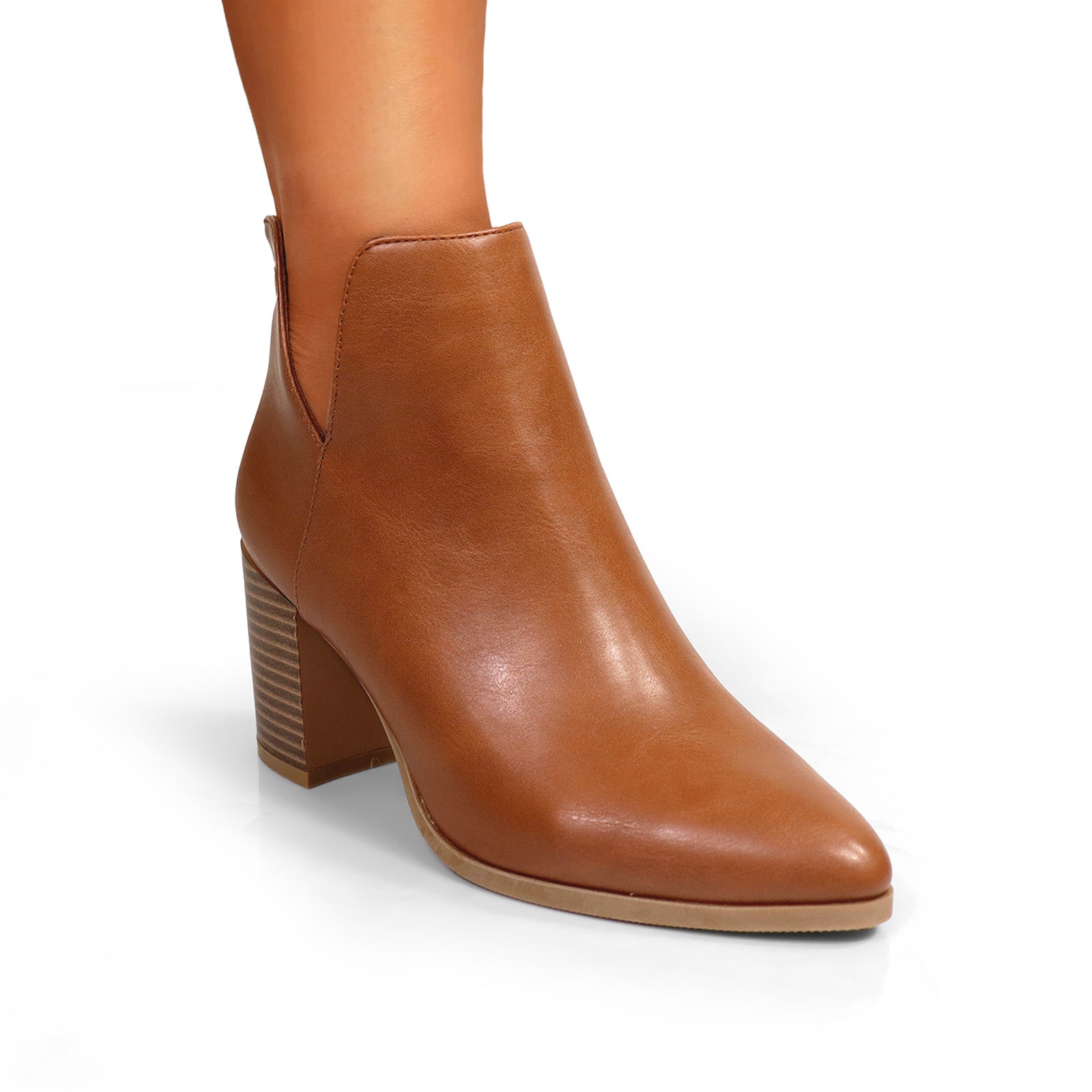 LAWSON-2 ALMOND TOE V SHAPED ANKLE BOOT W/ STACKED HEEL TAN