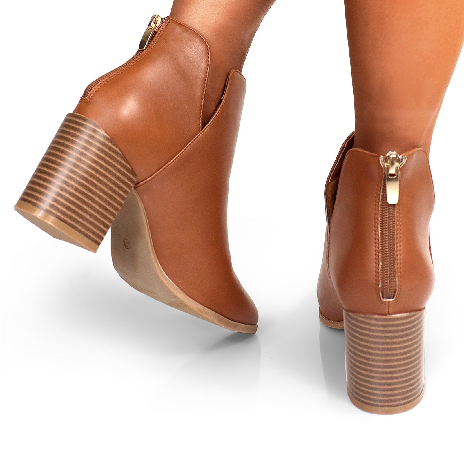 LAWSON-2 ALMOND TOE V SHAPED ANKLE BOOT W/ STACKED HEEL TAN