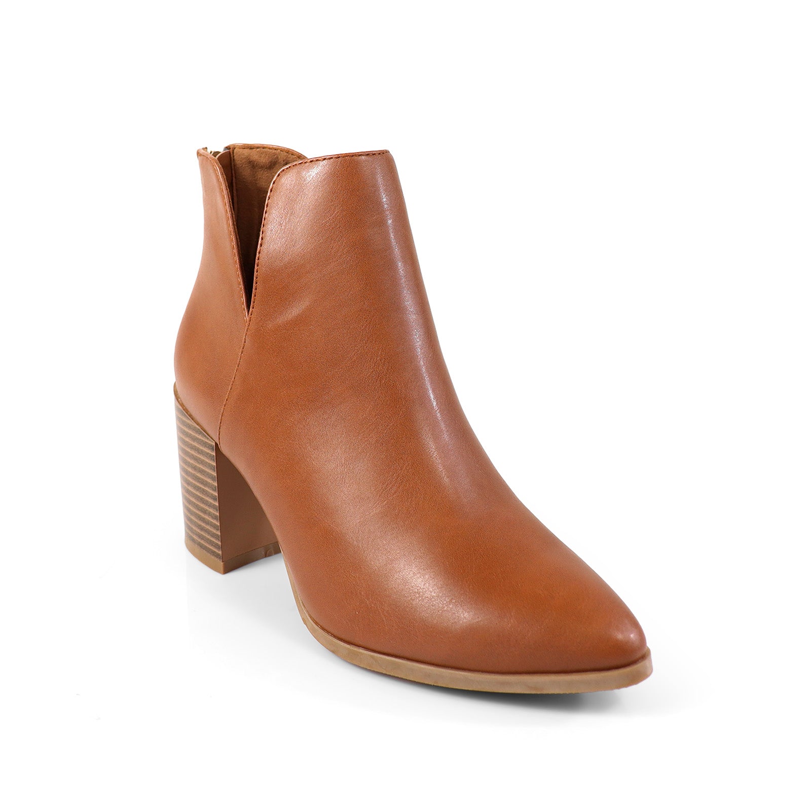 LAWSON-2 ALMOND TOE V SHAPED ANKLE BOOT W/ STACKED HEEL TAN