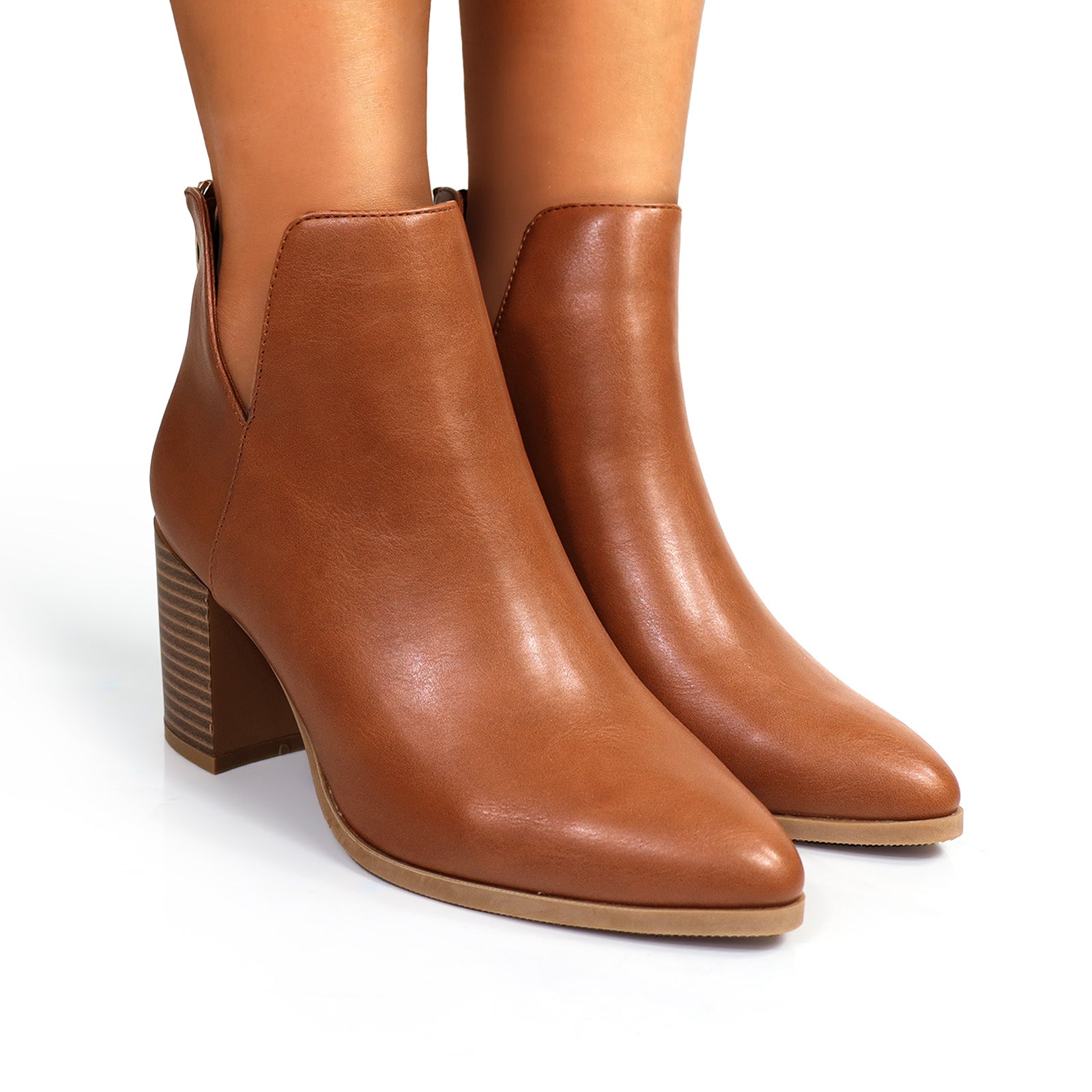 LAWSON-2 ALMOND TOE V SHAPED ANKLE BOOT W/ STACKED HEEL TAN