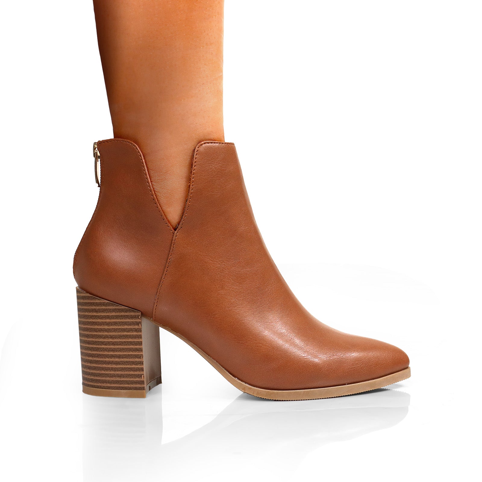 LAWSON-2 ALMOND TOE V SHAPED ANKLE BOOT W/ STACKED HEEL TAN