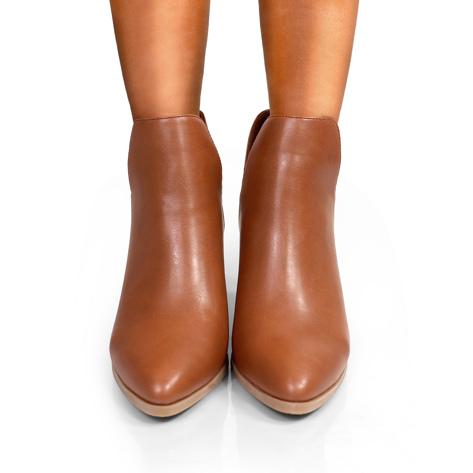 LAWSON-2 ALMOND TOE V SHAPED ANKLE BOOT W/ STACKED HEEL TAN