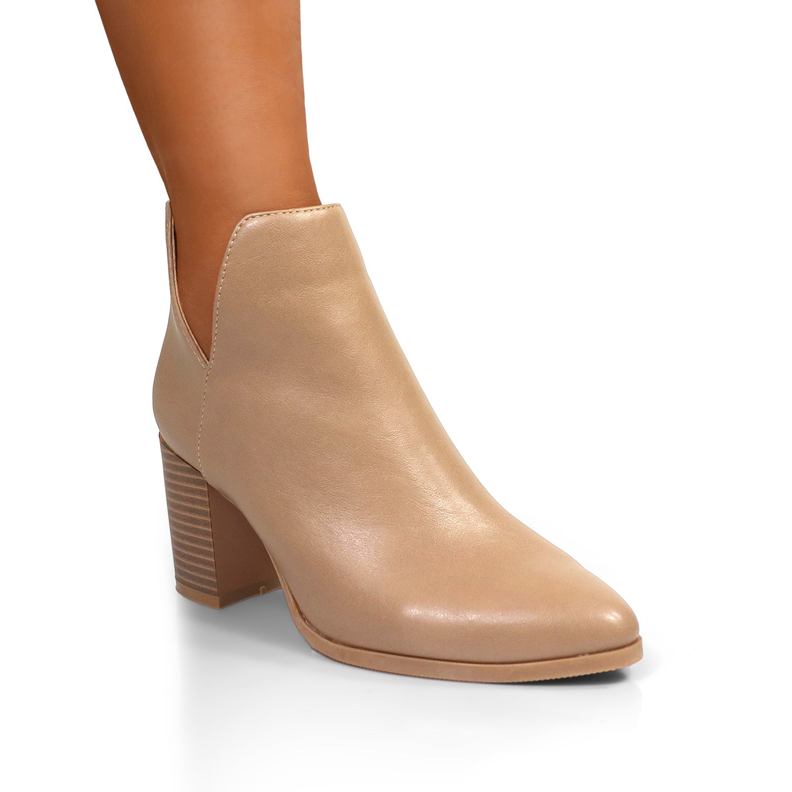 LAWSON-2 ALMOND TOE V SHAPED ANKLE BOOT W/ STACKED HEEL LIGHT TAUPE