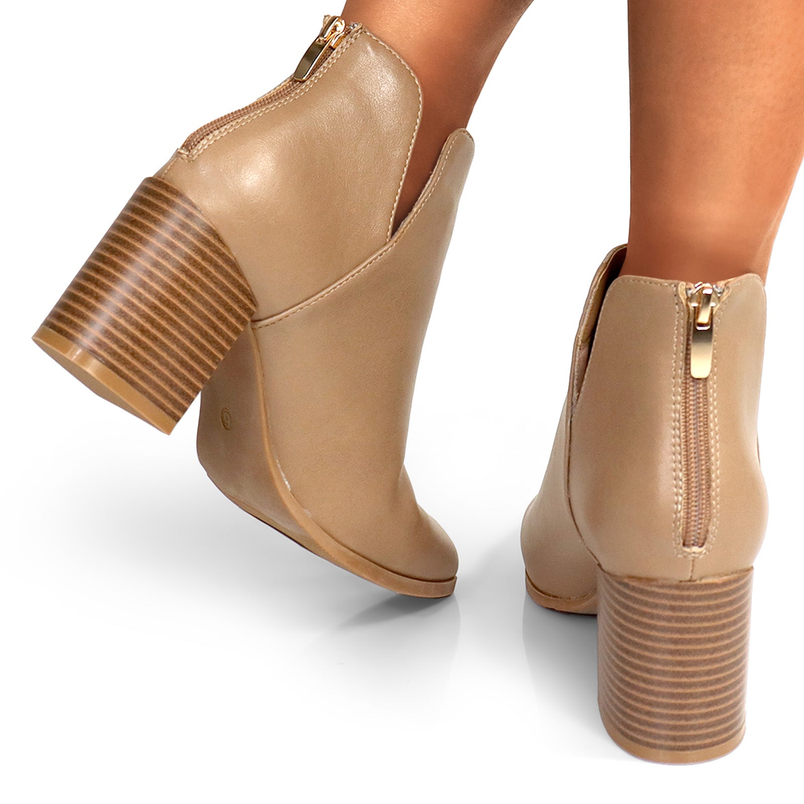 LAWSON-2 ALMOND TOE V SHAPED ANKLE BOOT W/ STACKED HEEL LIGHT TAUPE