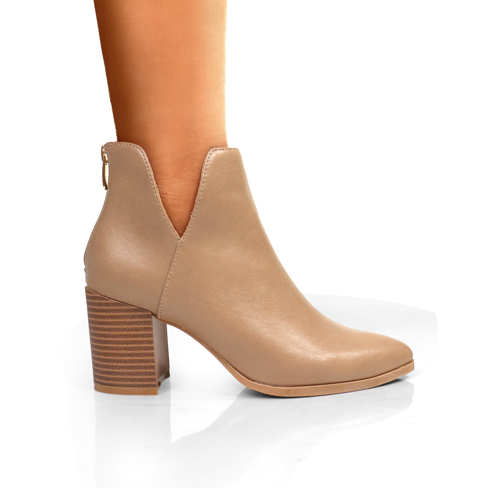 LAWSON-2 ALMOND TOE V SHAPED ANKLE BOOT W/ STACKED HEEL LIGHT TAUPE