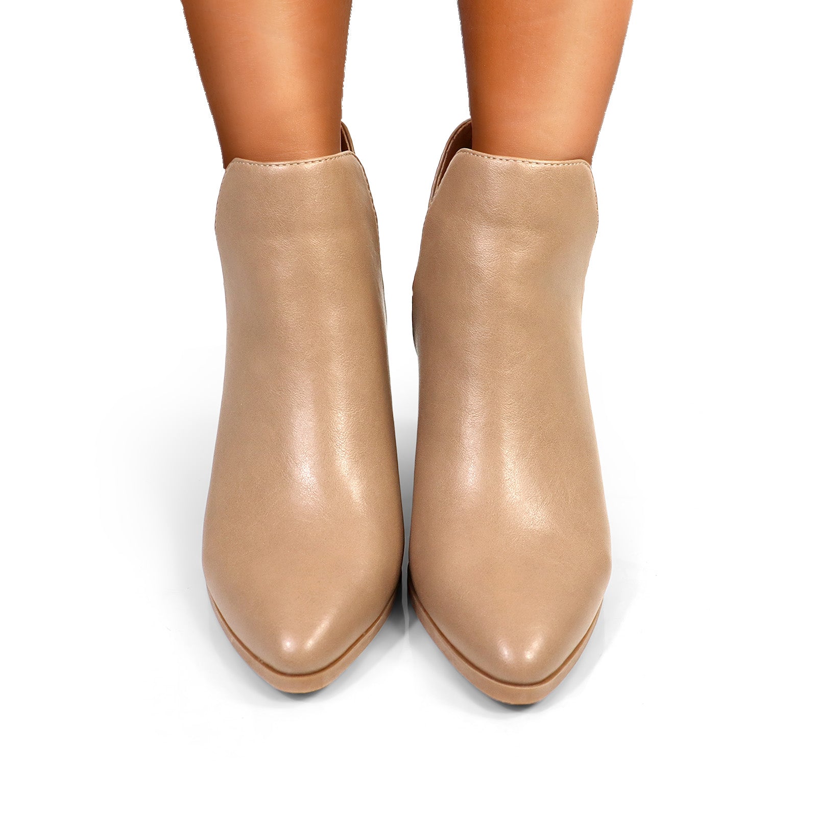 LAWSON-2 ALMOND TOE V SHAPED ANKLE BOOT W/ STACKED HEEL LIGHT TAUPE