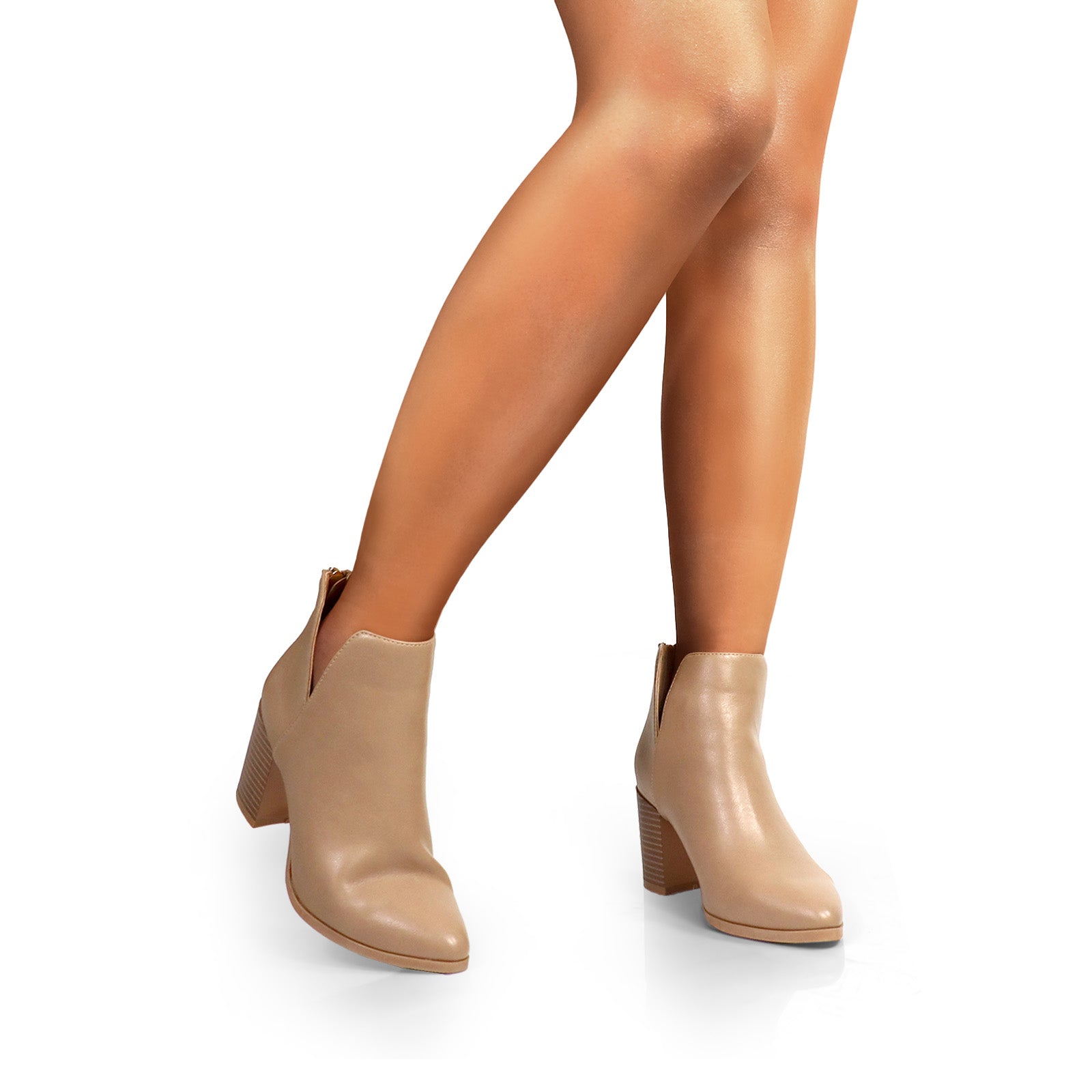 LAWSON-2 ALMOND TOE V SHAPED ANKLE BOOT W/ STACKED HEEL LIGHT TAUPE