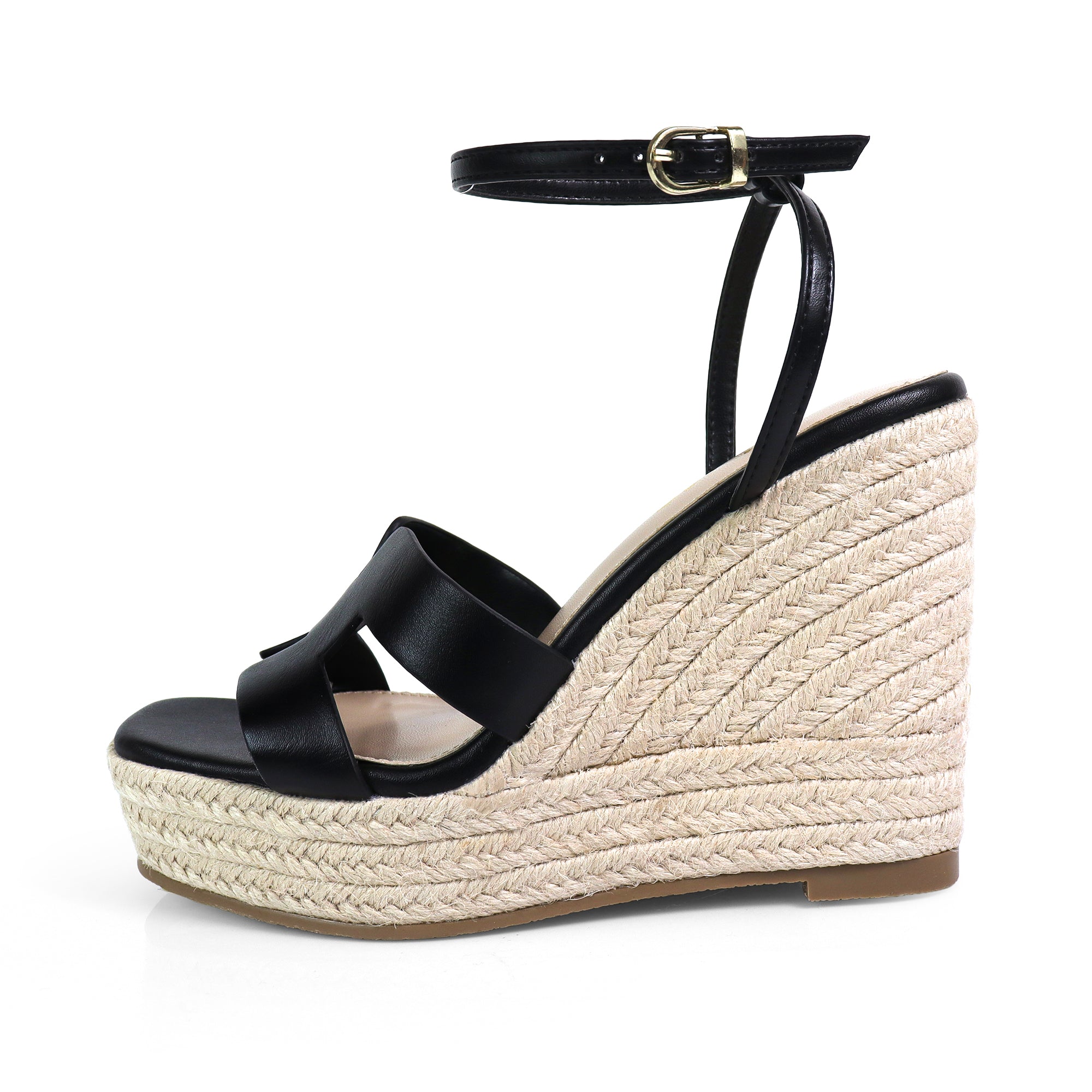 LEAH-2 OPEN TOE ANKLE STRAP W/ WEDGE SANDAL BLACK