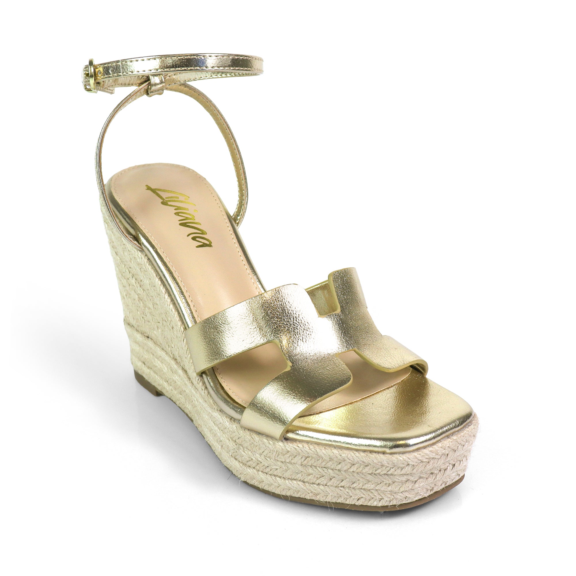 LEAH-2 OPEN TOE ANKLE STRAP W/ WEDGE SANDAL GOLD