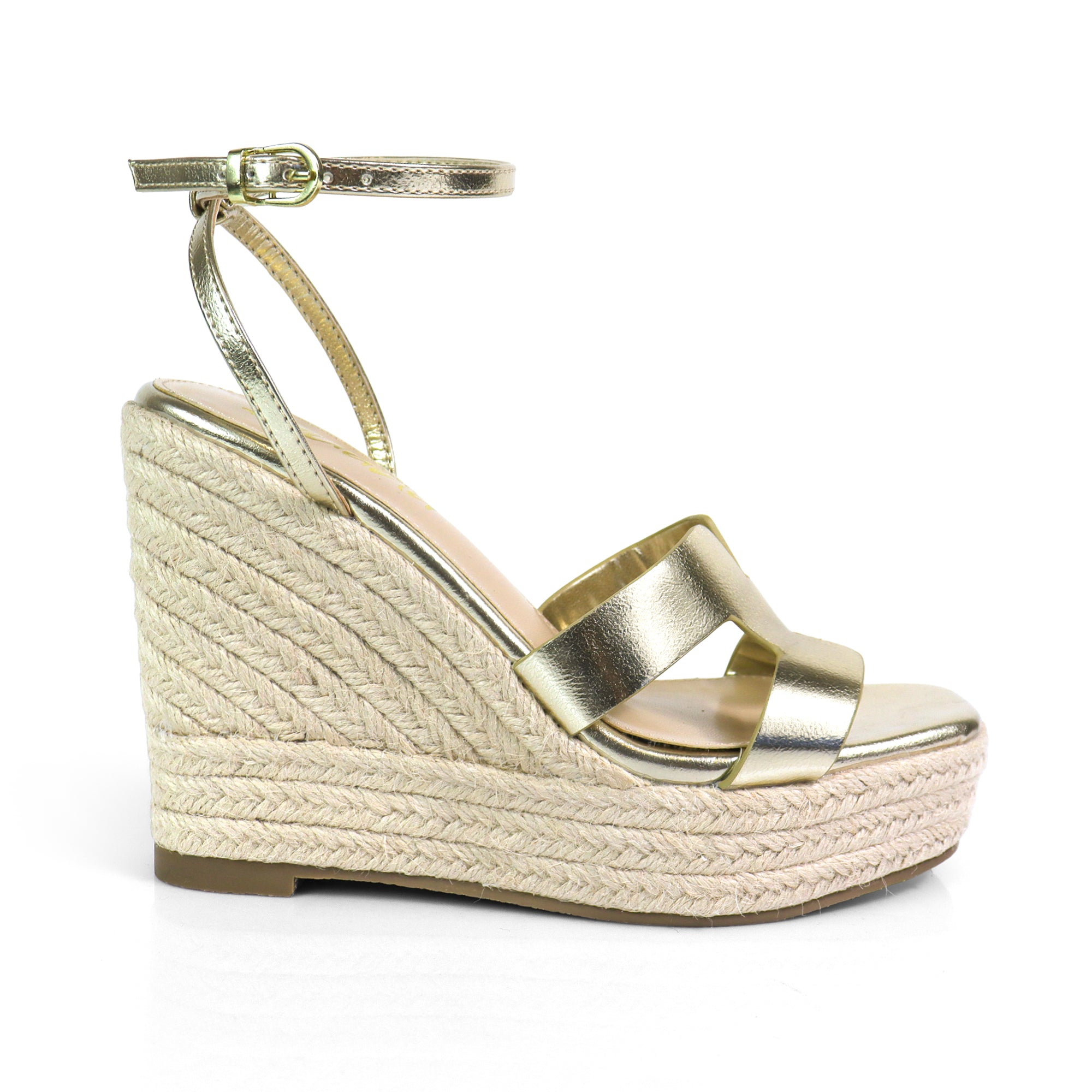 LEAH-2 OPEN TOE ANKLE STRAP W/ WEDGE SANDAL GOLD