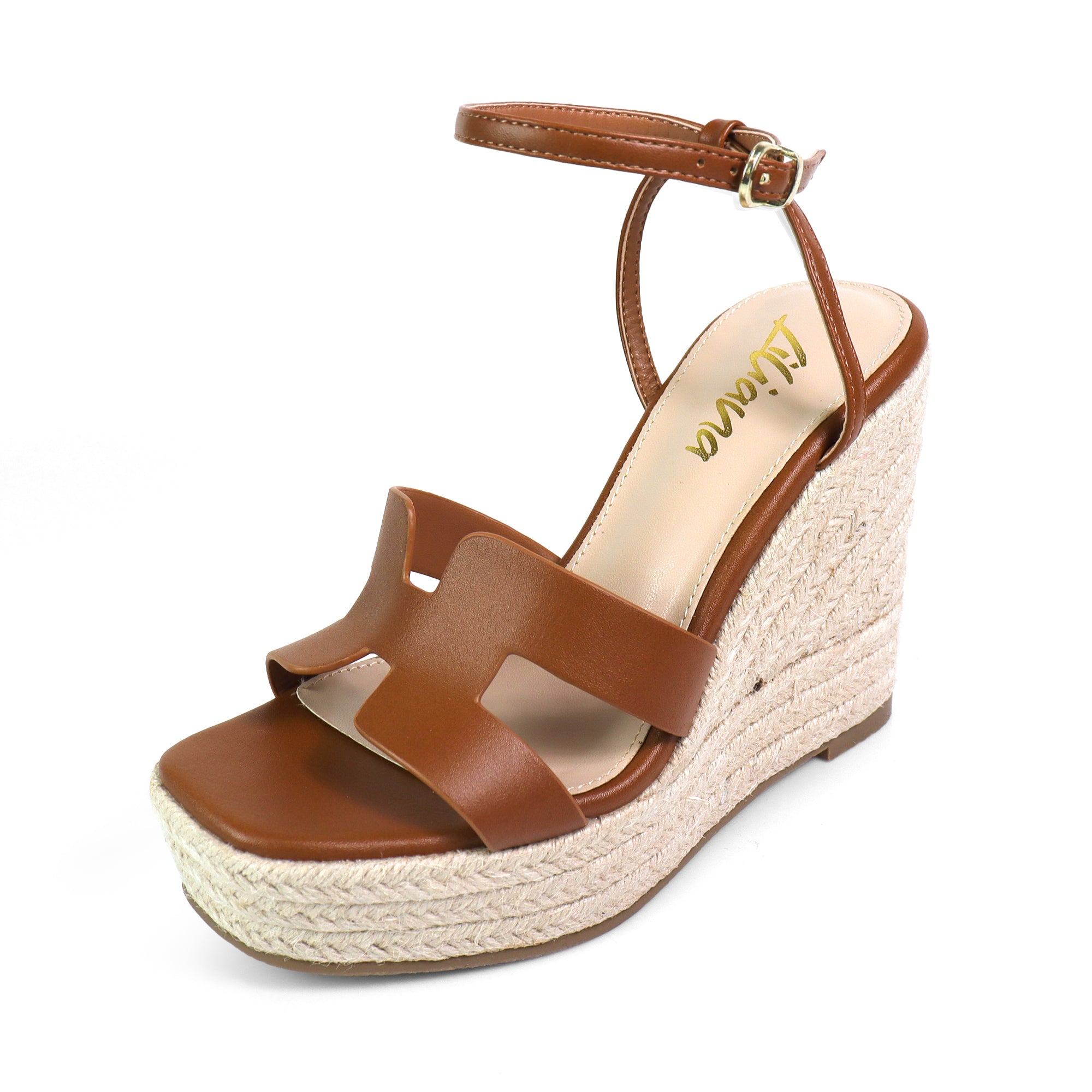 LEAH-2 OPEN TOE ANKLE STRAP W/ WEDGE SANDAL TAN
