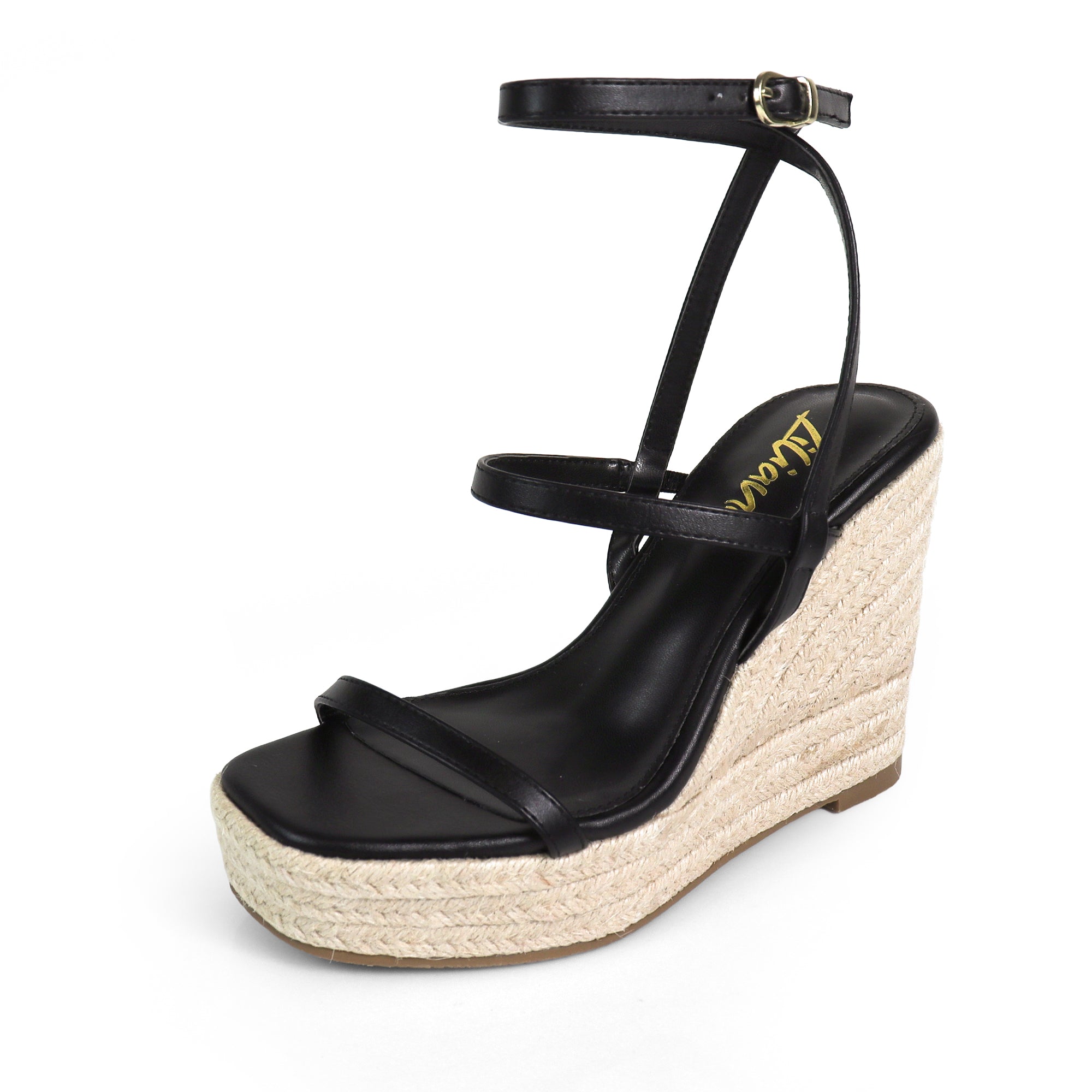 LEAH-3 OPEN TOE STRAPPY ANKLE STRAP W/ WEDGE SANDAL BLACK