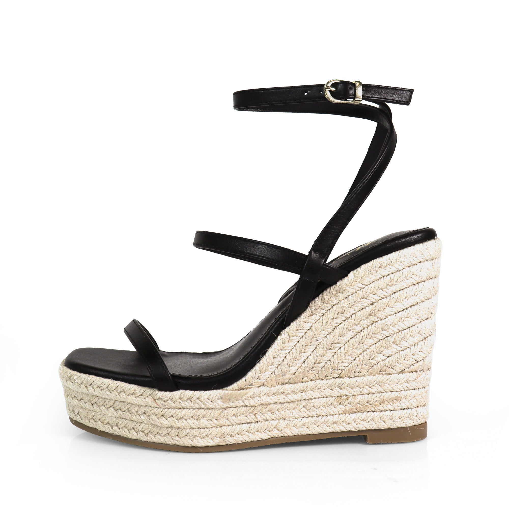 LEAH-3 OPEN TOE STRAPPY ANKLE STRAP W/ WEDGE SANDAL BLACK