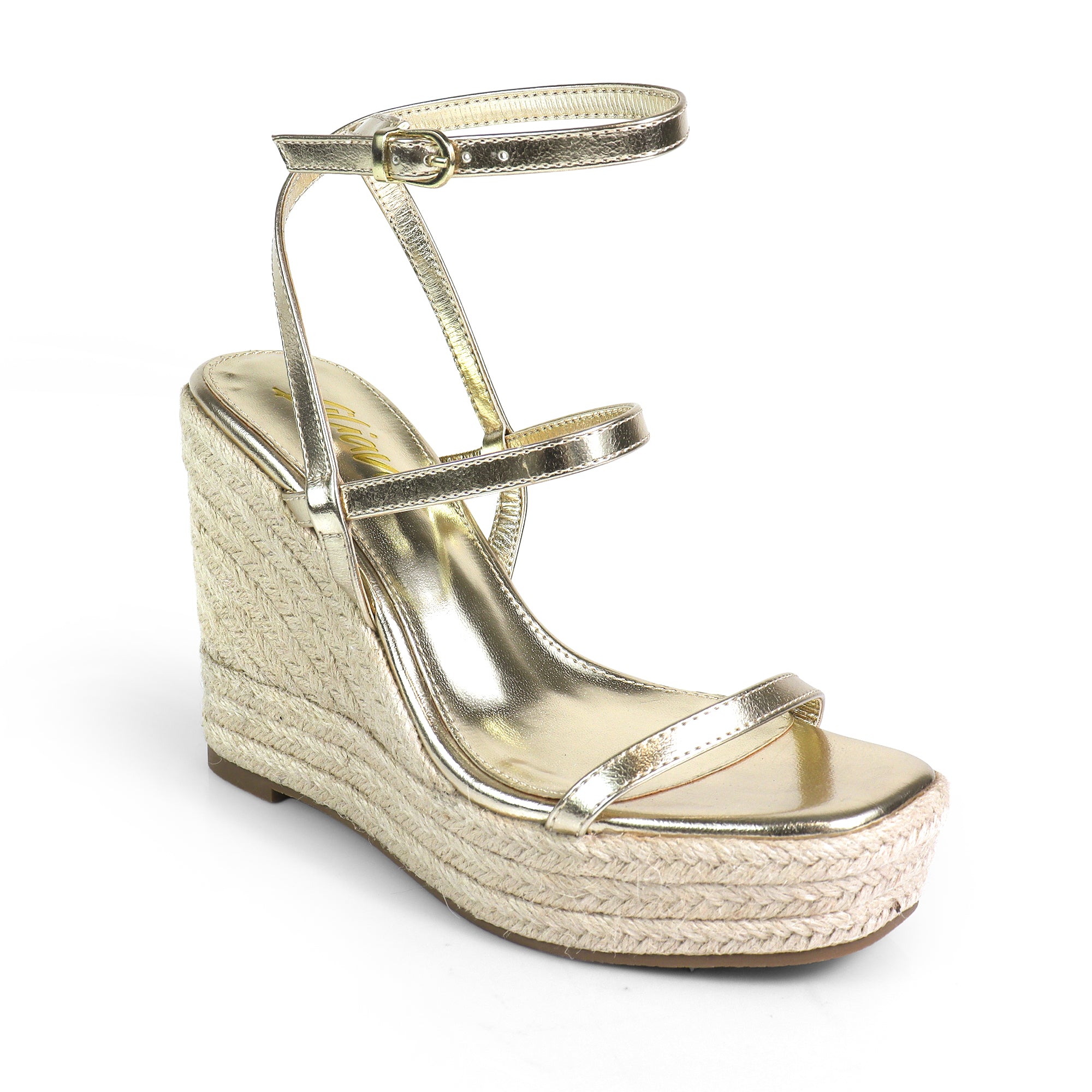 LEAH-3 OPEN TOE STRAPPY ANKLE STRAP W/ WEDGE SANDAL GOLD
