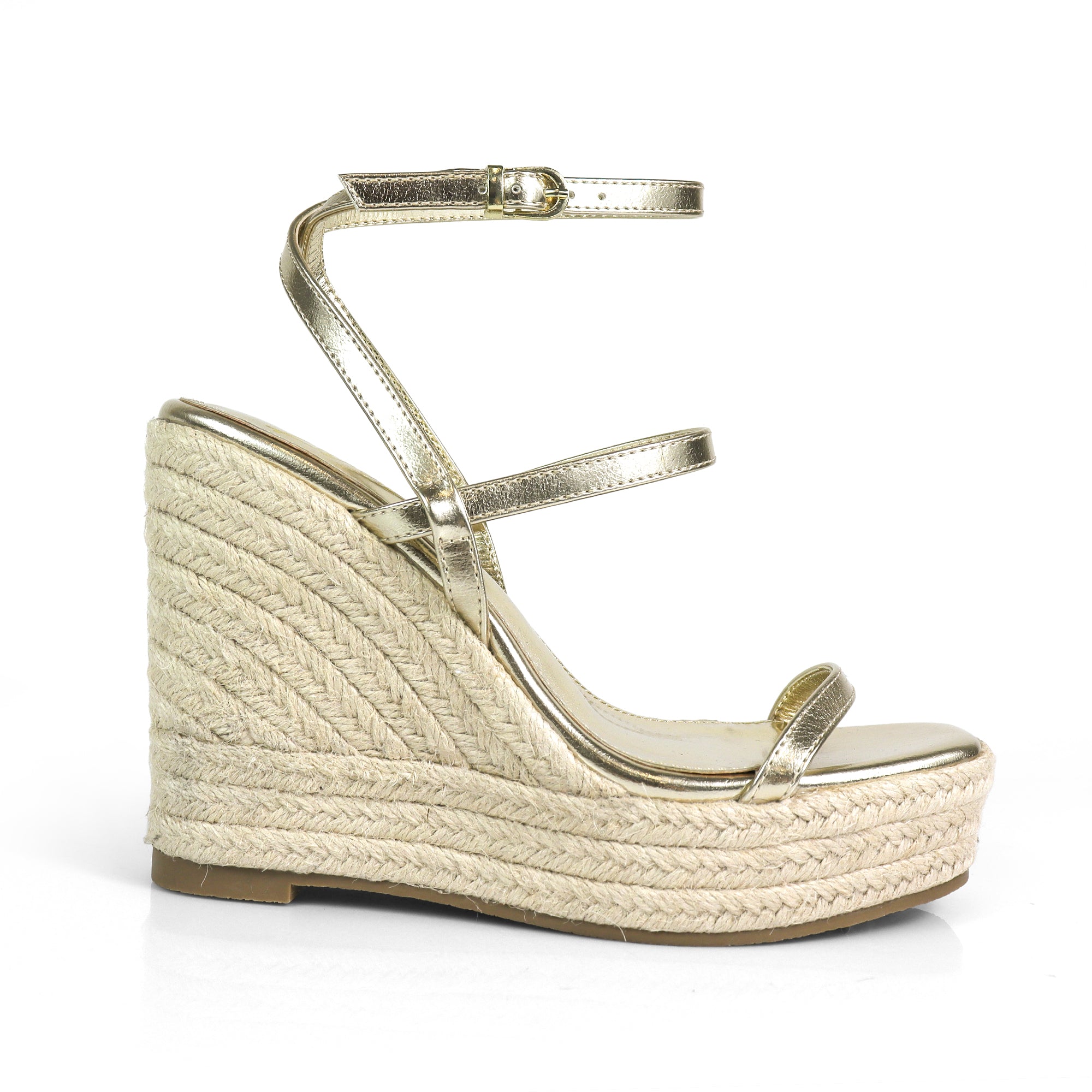 LEAH-3 OPEN TOE STRAPPY ANKLE STRAP W/ WEDGE SANDAL GOLD