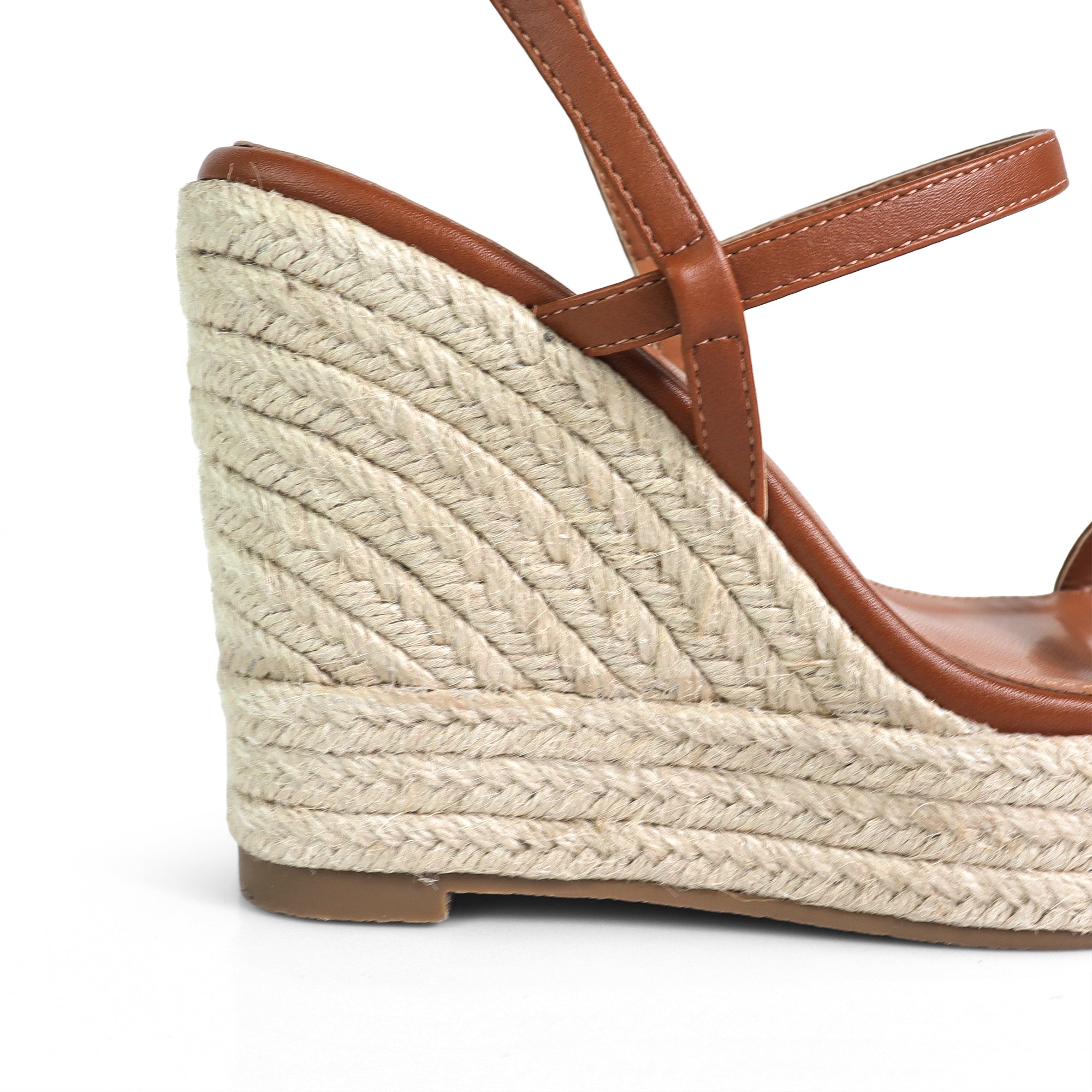 LEAH-3 OPEN TOE STRAPPY ANKLE STRAP W/ WEDGE SANDAL TAN