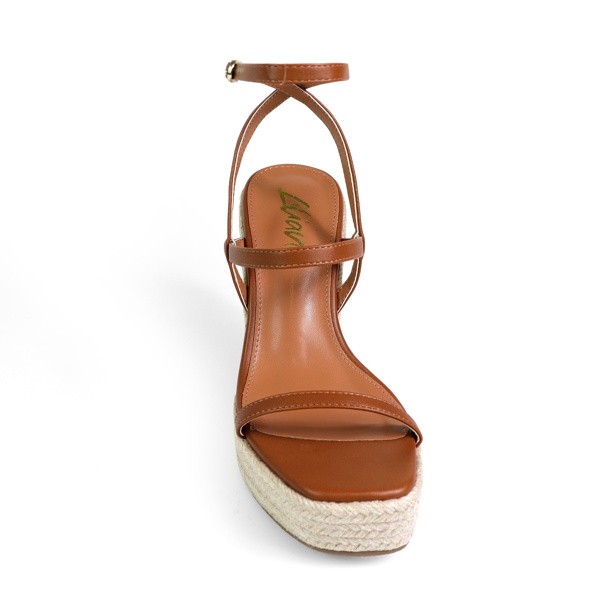 LEAH-3 OPEN TOE STRAPPY ANKLE STRAP W/ WEDGE SANDAL TAN