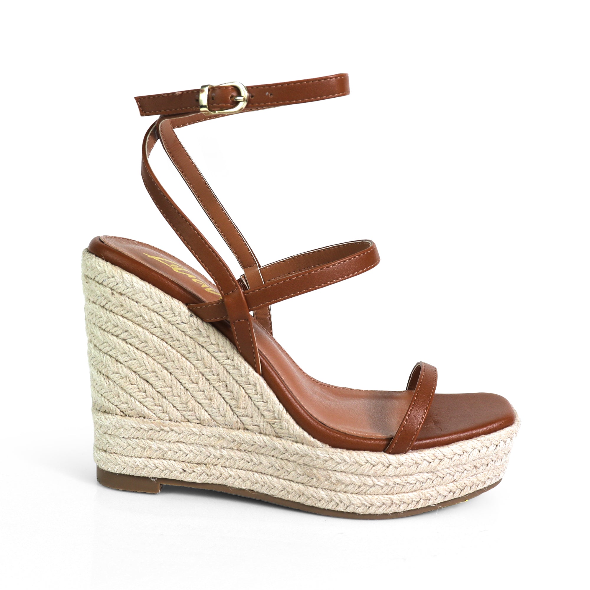 LEAH-3 OPEN TOE STRAPPY ANKLE STRAP W/ WEDGE SANDAL TAN
