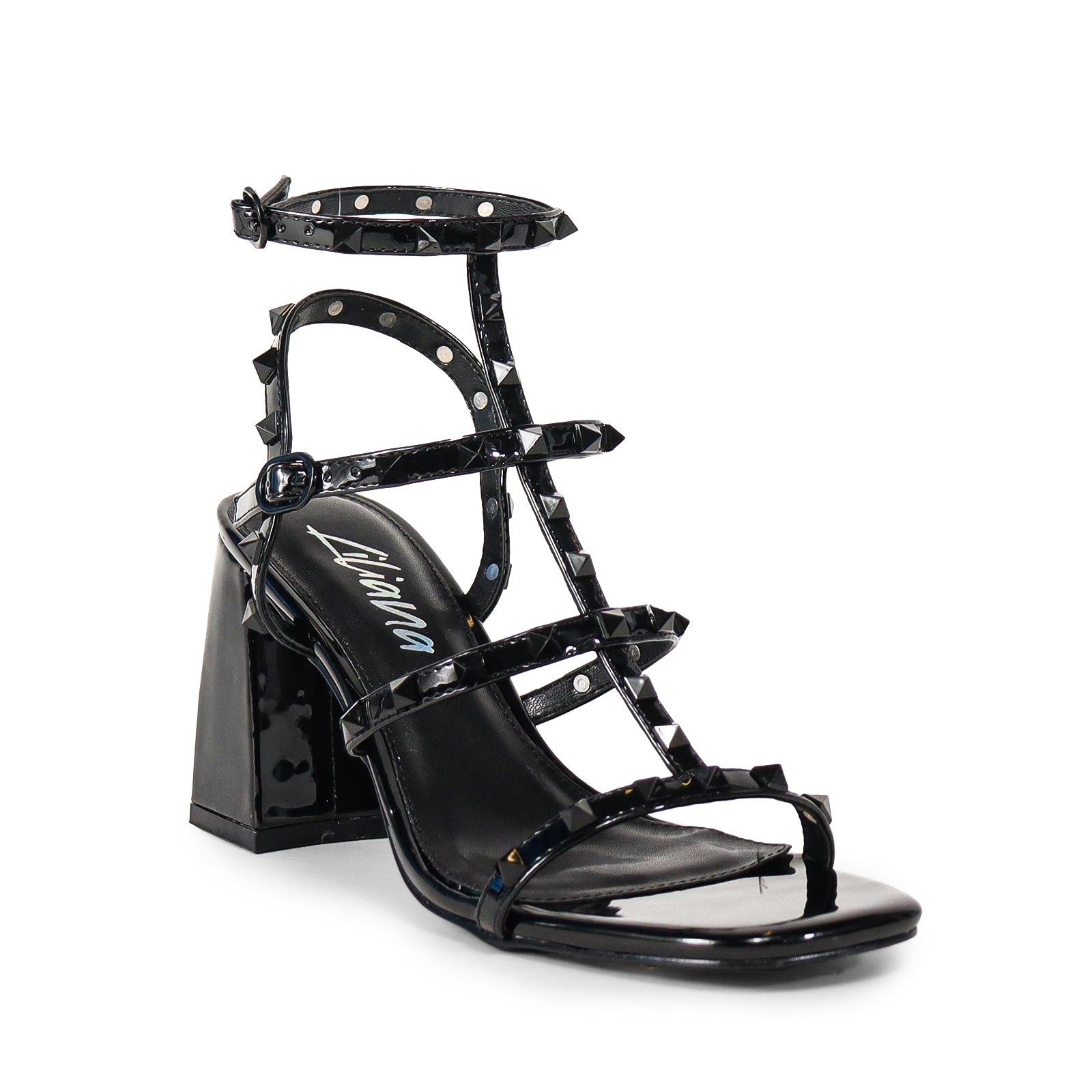LEANA-21 OPEN TOE ROCKSTUD ANKLE STRAP WITH CHUNCKY HEEL-BLACK