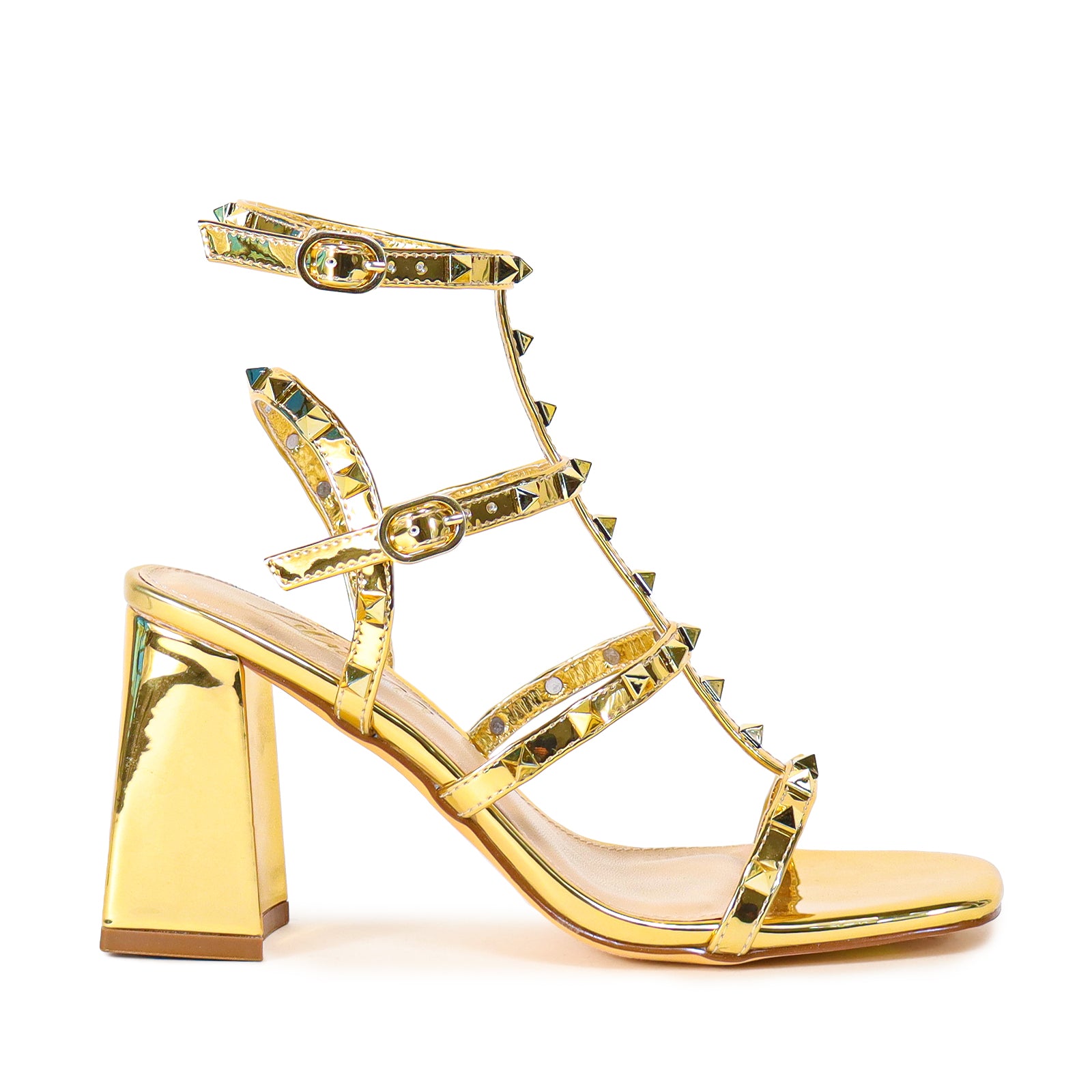 LEANA-21 OPEN TOE ROCKSTUD ANKLE STRAP WITH CHUNCKY HEEL-GOLD