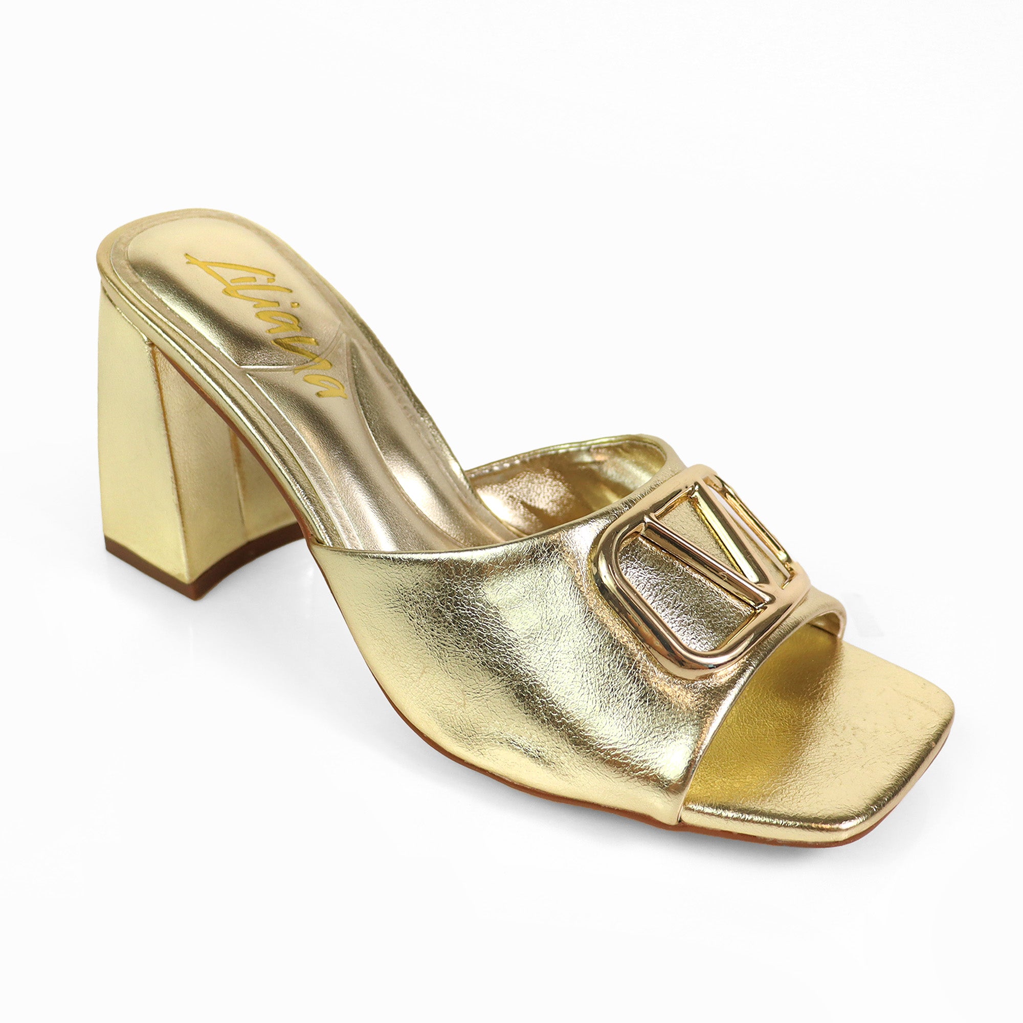 LEANA-56 CONFORT INSOLE BUCKLE MULE W/ CHUNKY HEEL GOLD