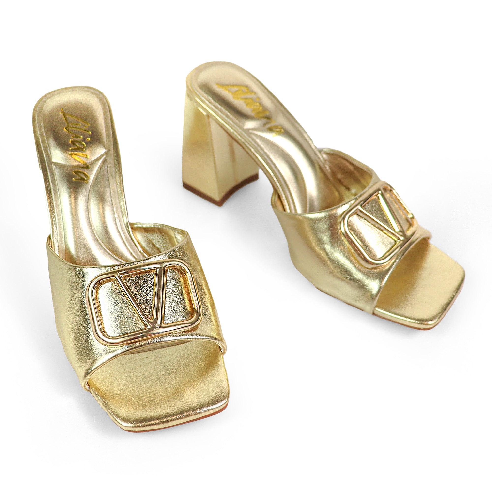 LEANA-56 CONFORT INSOLE BUCKLE MULE W/ CHUNKY HEEL GOLD