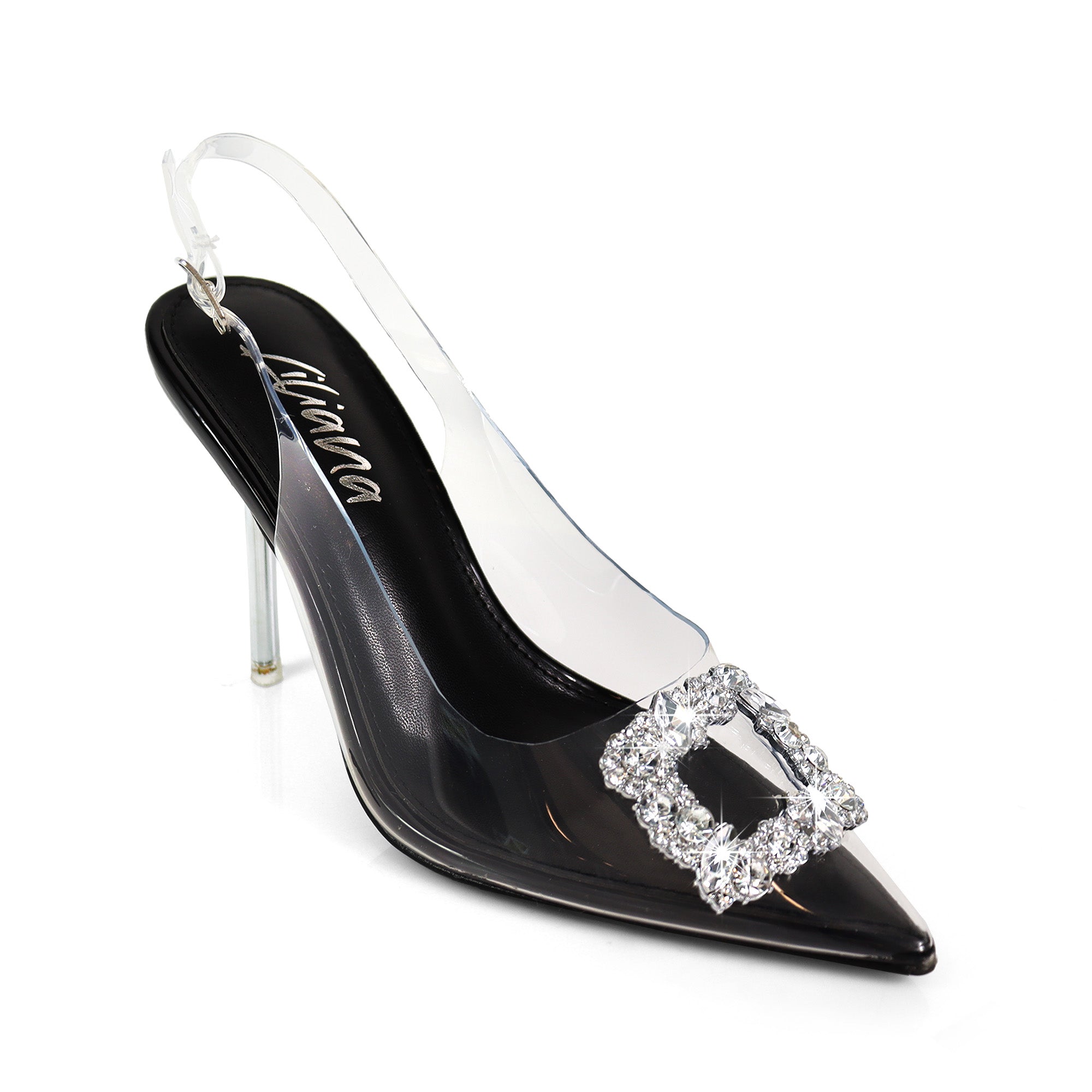 LEILANI-1 POINTIED TOE RHINESTONE BUCKLE PUMP W/SLINGBACK BLACK