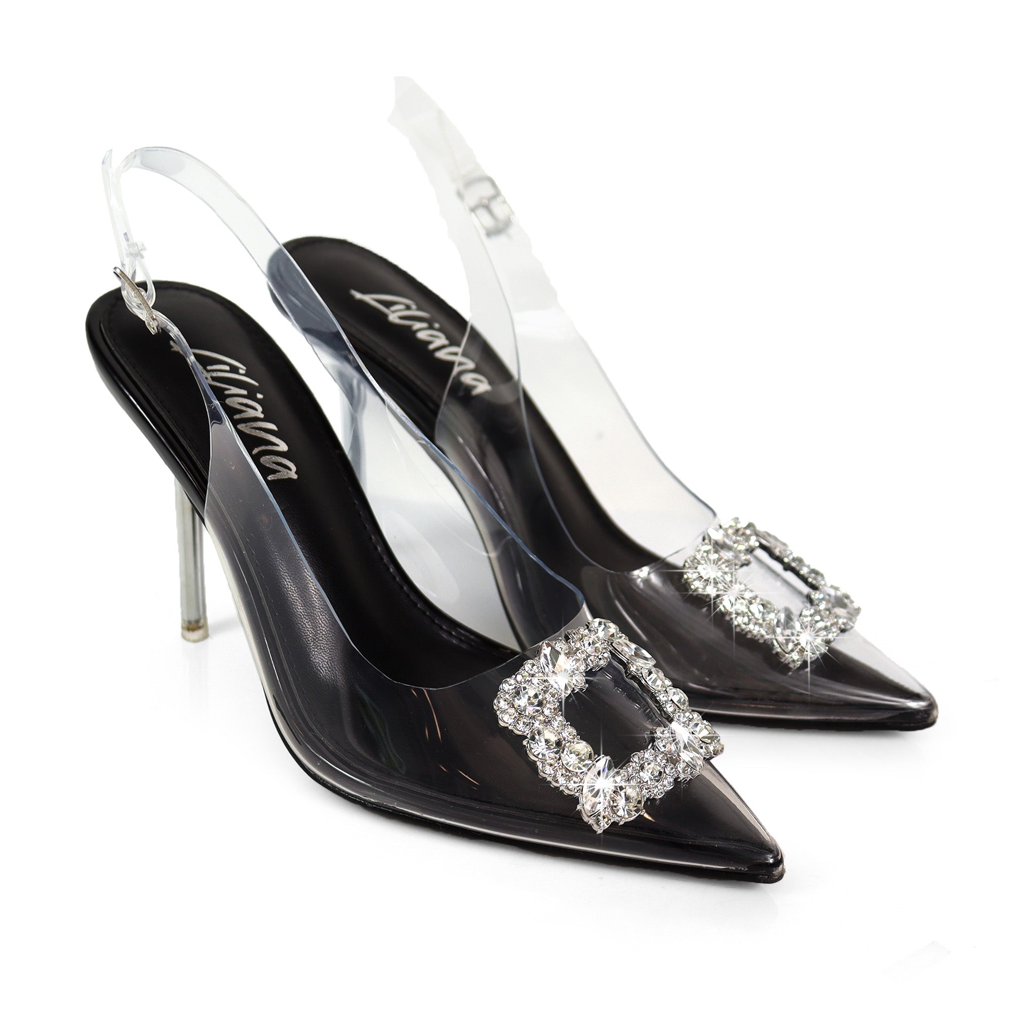 LEILANI-1 POINTIED TOE RHINESTONE BUCKLE PUMP W/SLINGBACK BLACK